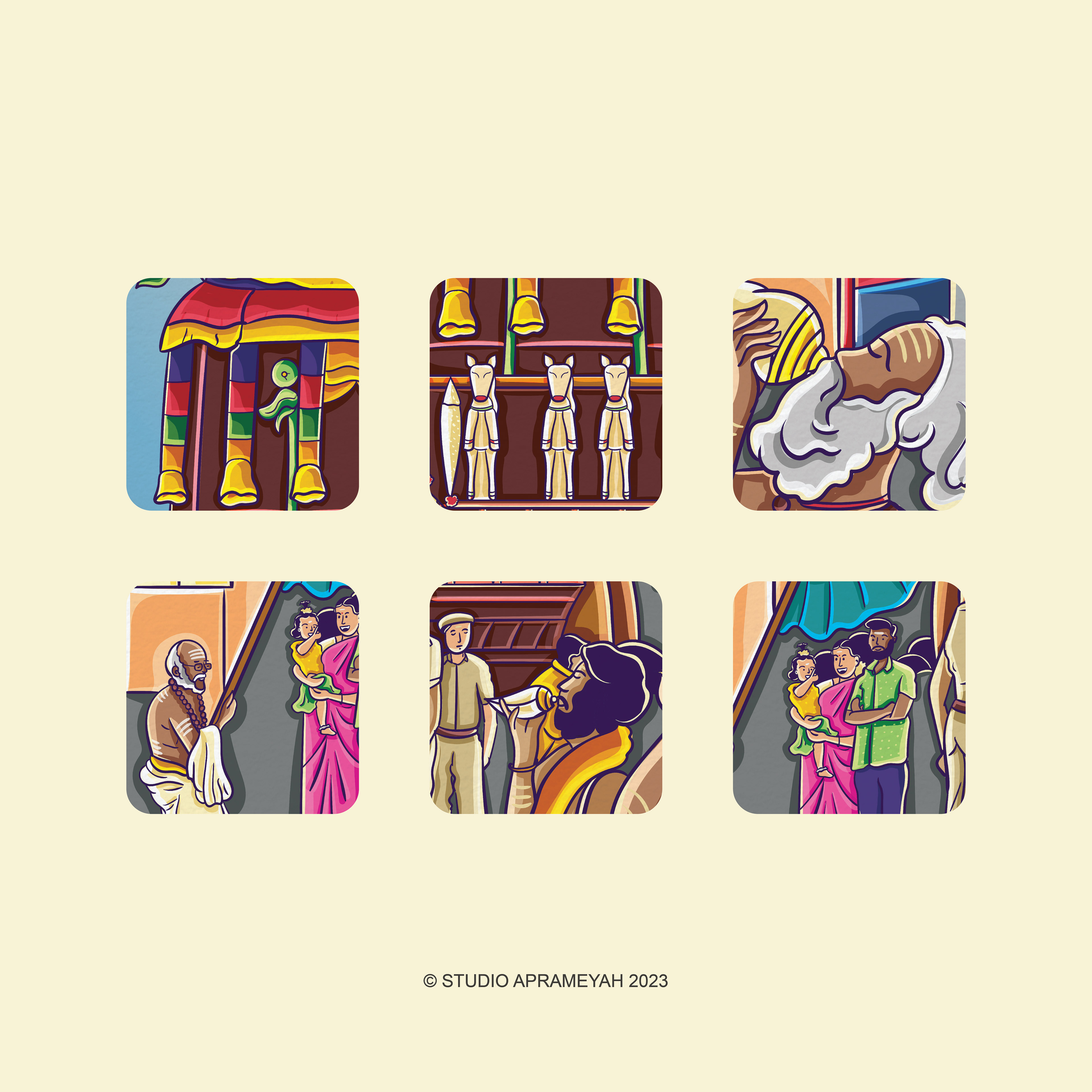 Regional temple festival comic style illustrations: Scene 11 detail panels