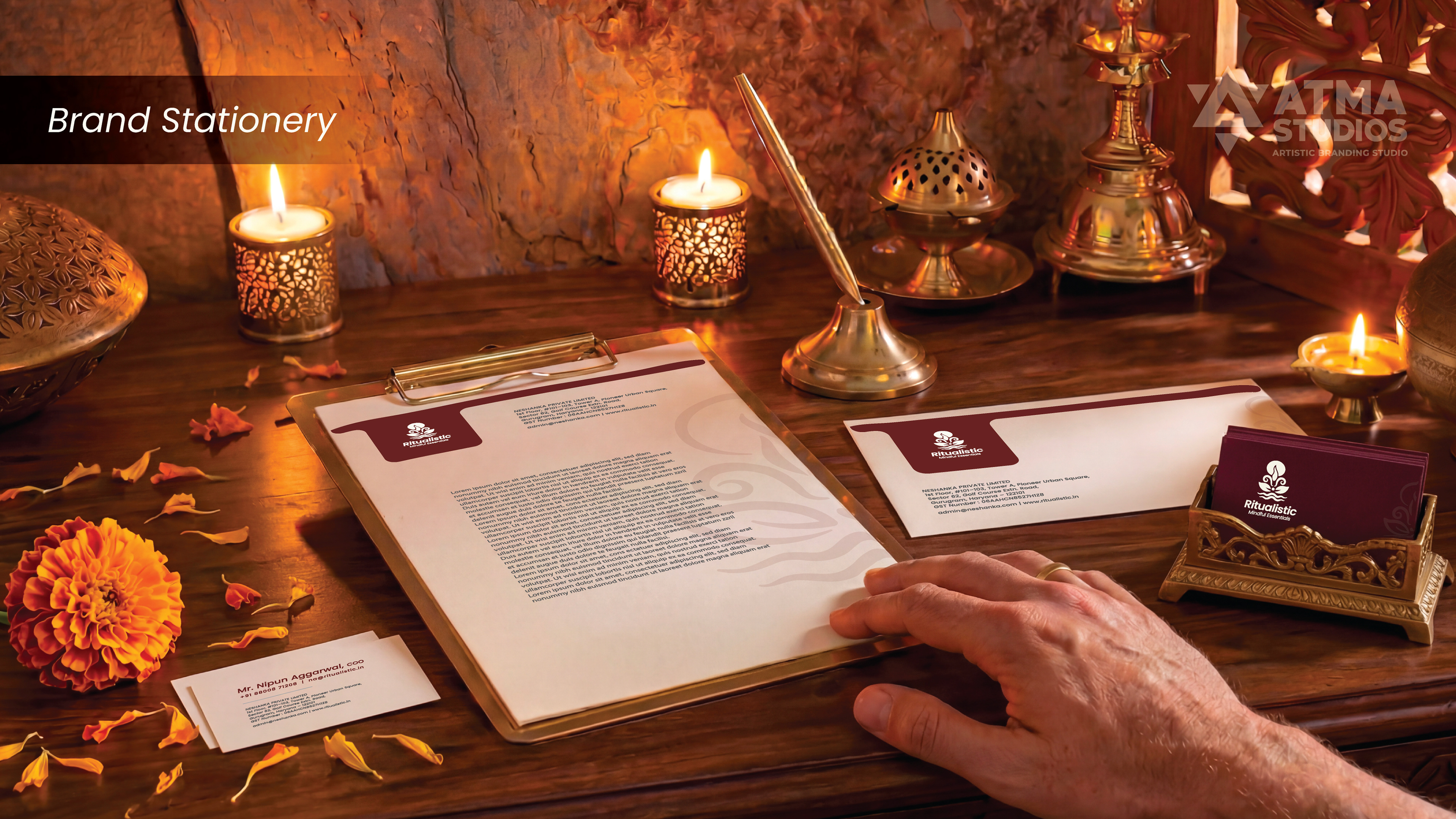 Ritualistic mindful essentials brand: brand stationery with letterhead, pen and business cards on a desk