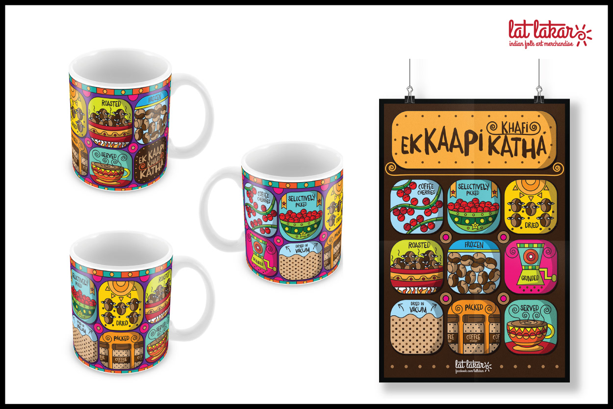 Lat Lakar Indian folk art merchandise: Ek Kaapi Kudi mugs and poster