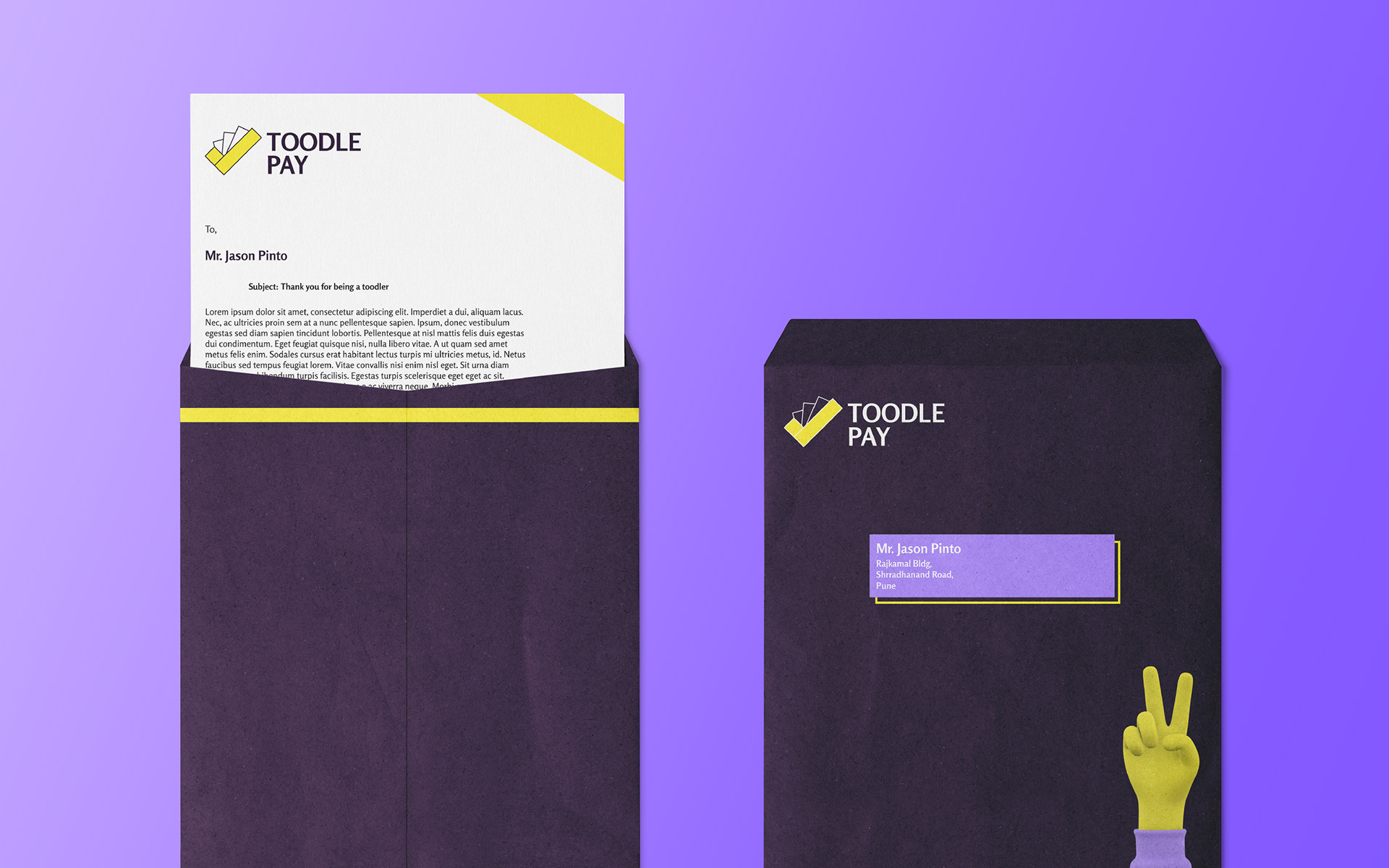 Toodle Pay savings app branding: letterhead and envelope design
