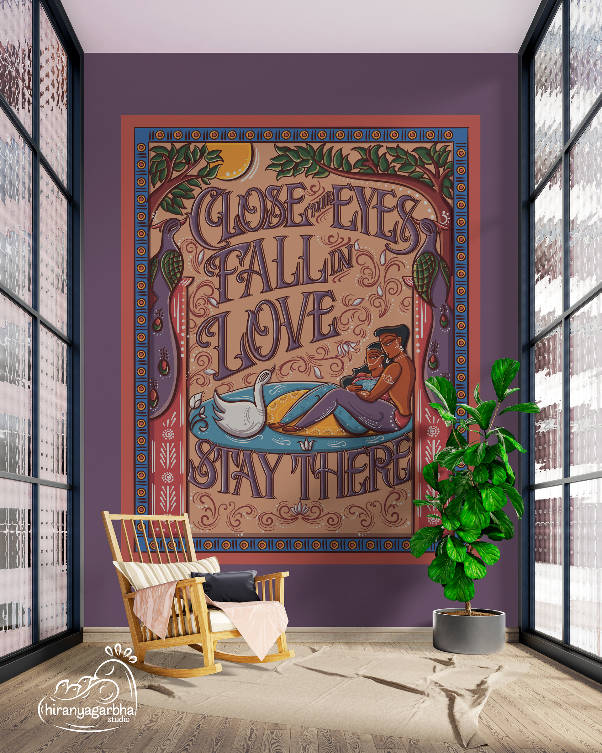 Rumi's love quote illustrative lettering: framed lettering poster in a sunroom