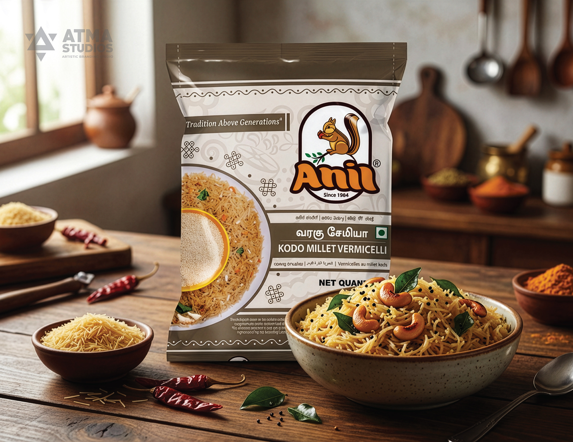 Anil Foods rebranding: millet vermicelli pack mockup on a kitchen table