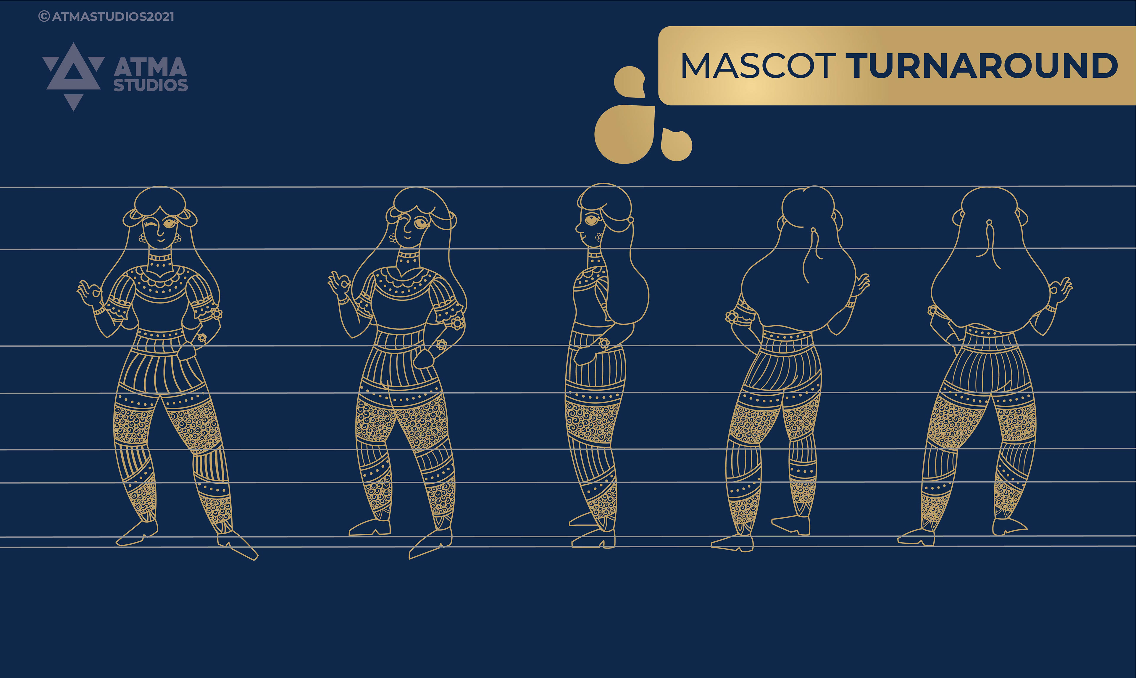 Mughai's Farm Origin Store rebranding: mascot turnaround sheet in gold line art