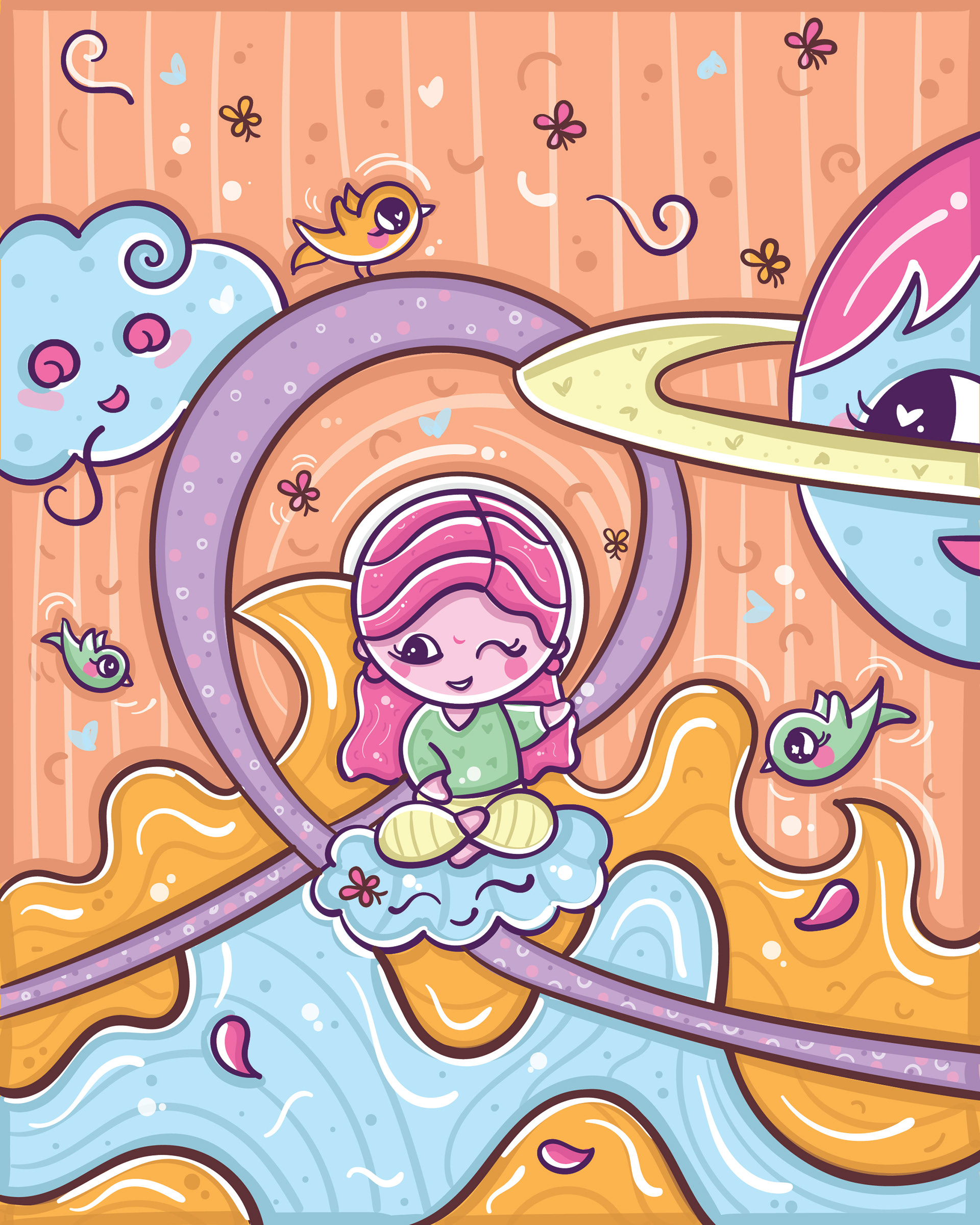 Kawaii gratitude series: pastel doodle of a girl meditating on a ringed planet