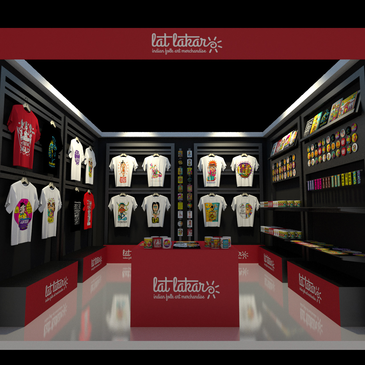 Lat Lakar Indian folk art merchandise: merchandise store interior with T-shirts and posters