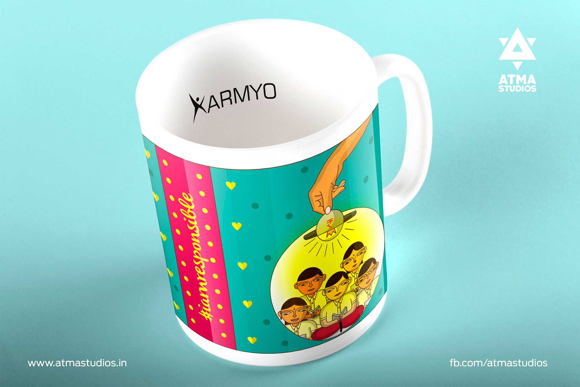 Karmyo brand merchandise: mug with the children and lamp artwork