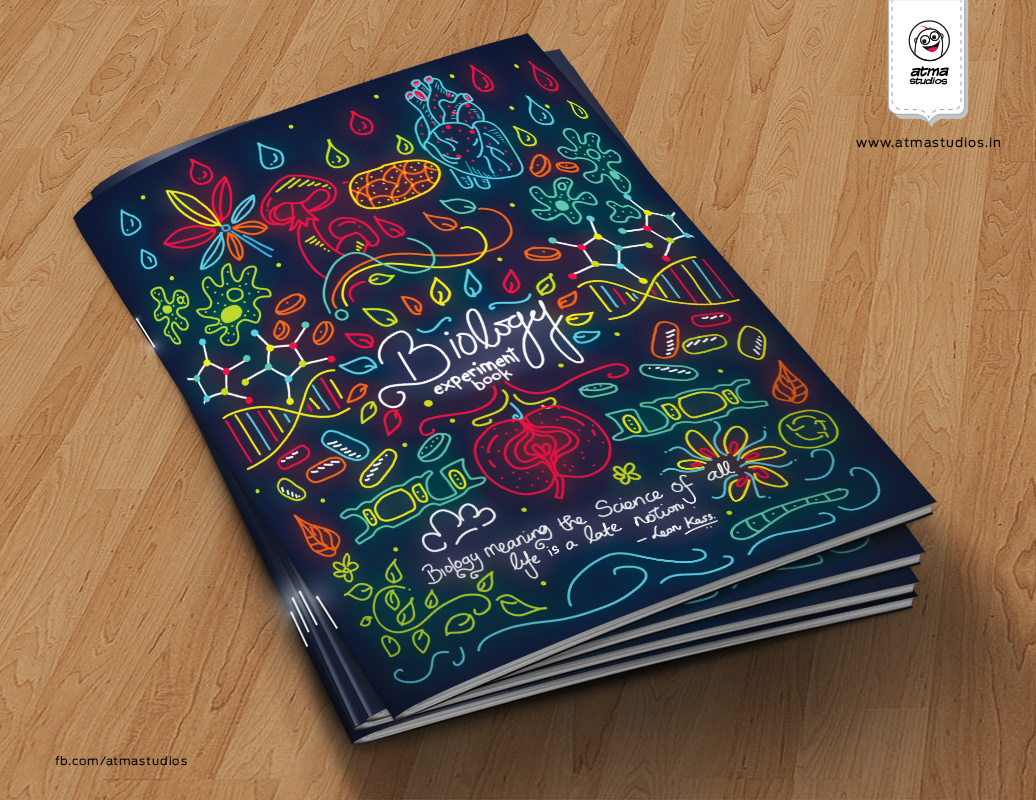 50 notebook cover illustrations: stack of neon Biology notebooks