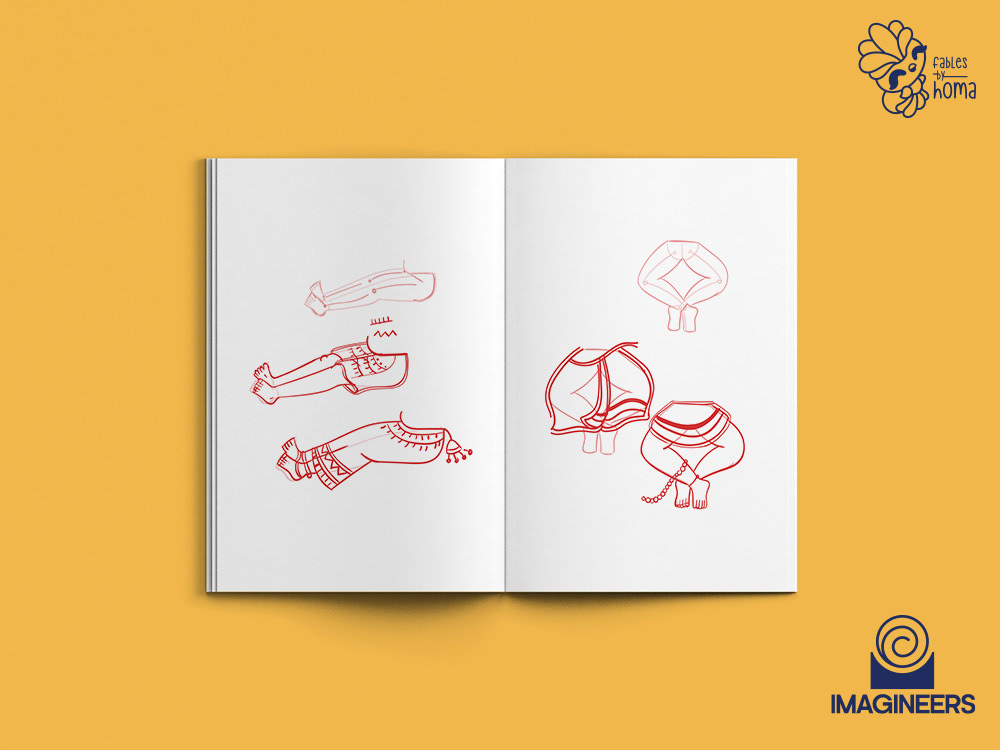 Epiphany Madhubani experimental illustrations: #24 Sketchbook page of hand and costume studies 22
