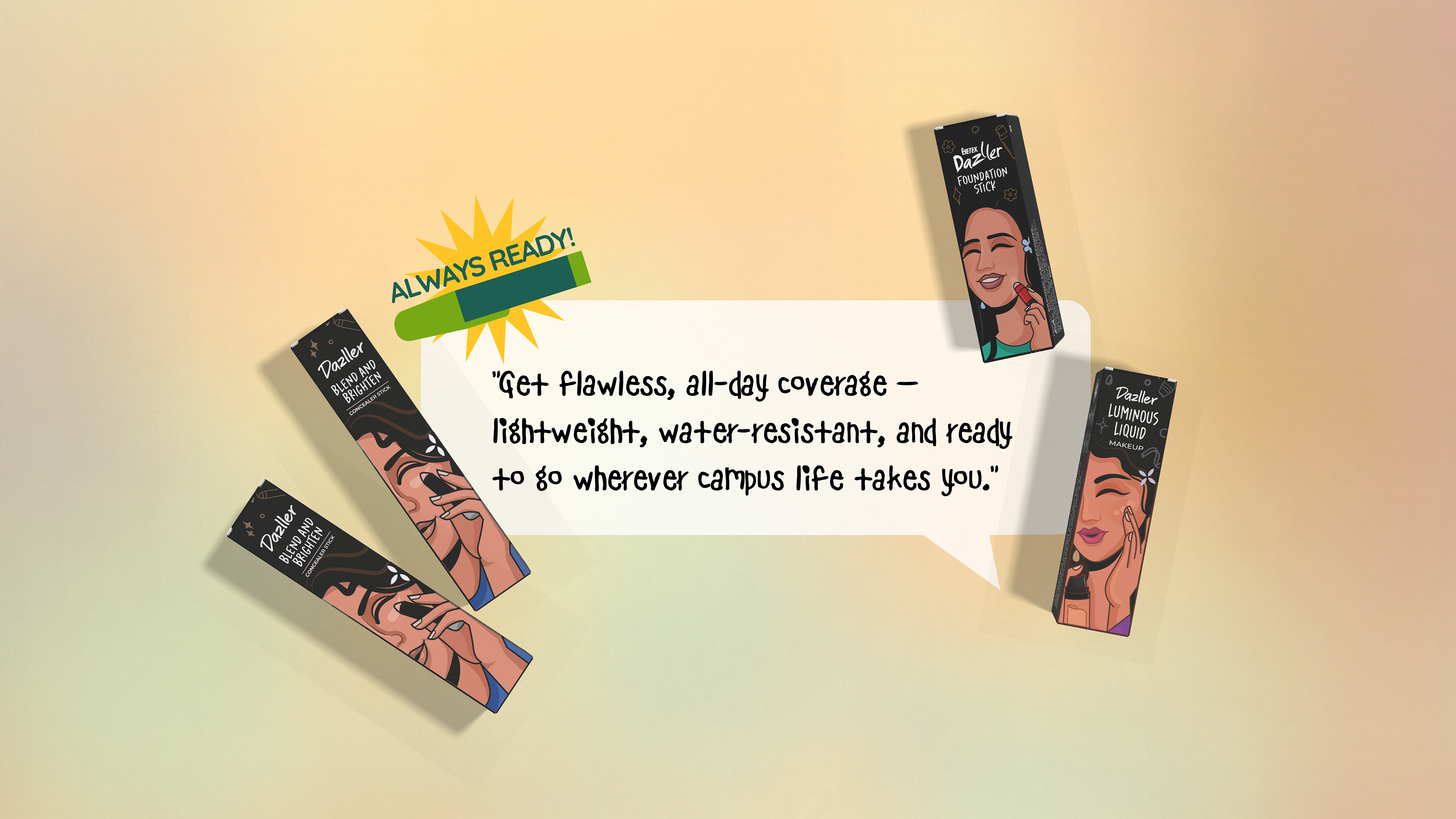 Dazller foundation stick packaging: cartons with a speech bubble on all-day wear
