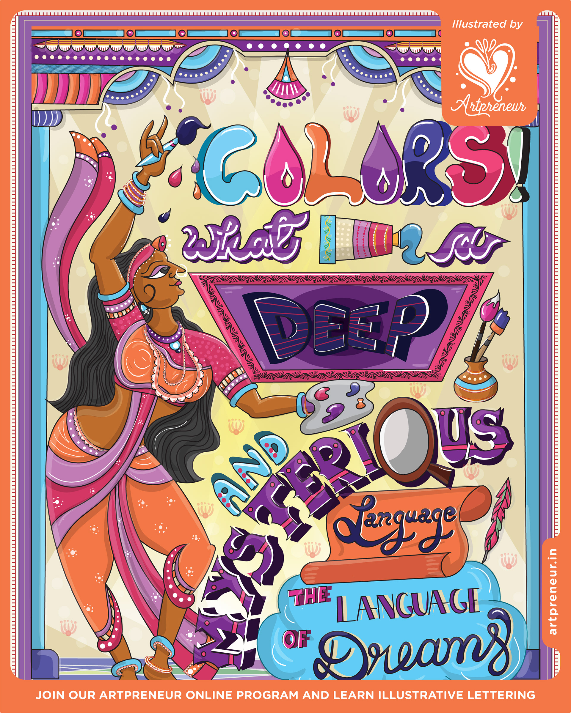 Illustrative lettering collective 2021-2022, quote lettering poster: Colours, what are colours, deep and mysterious language of dreams