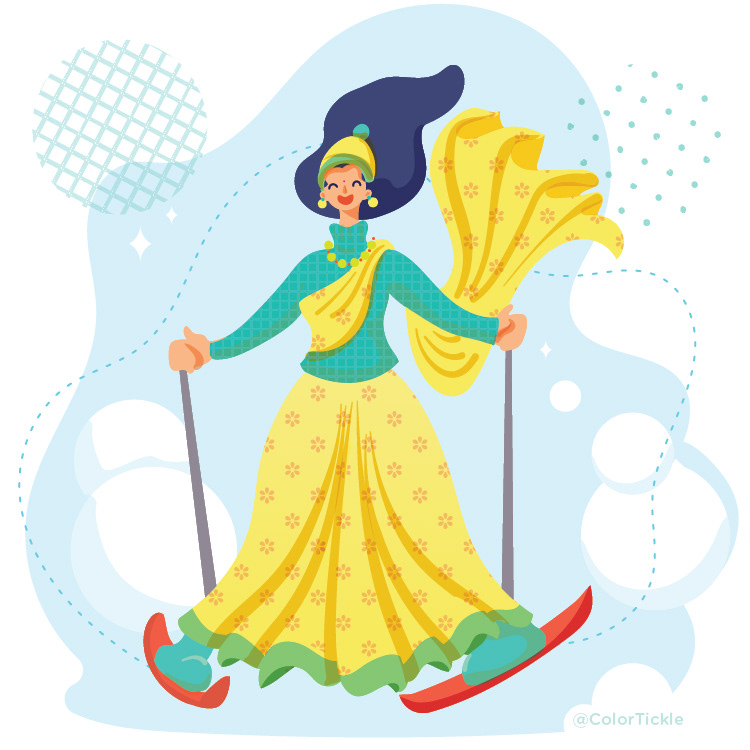 Winter in Chennai illustration series: woman skiing in a yellow sari