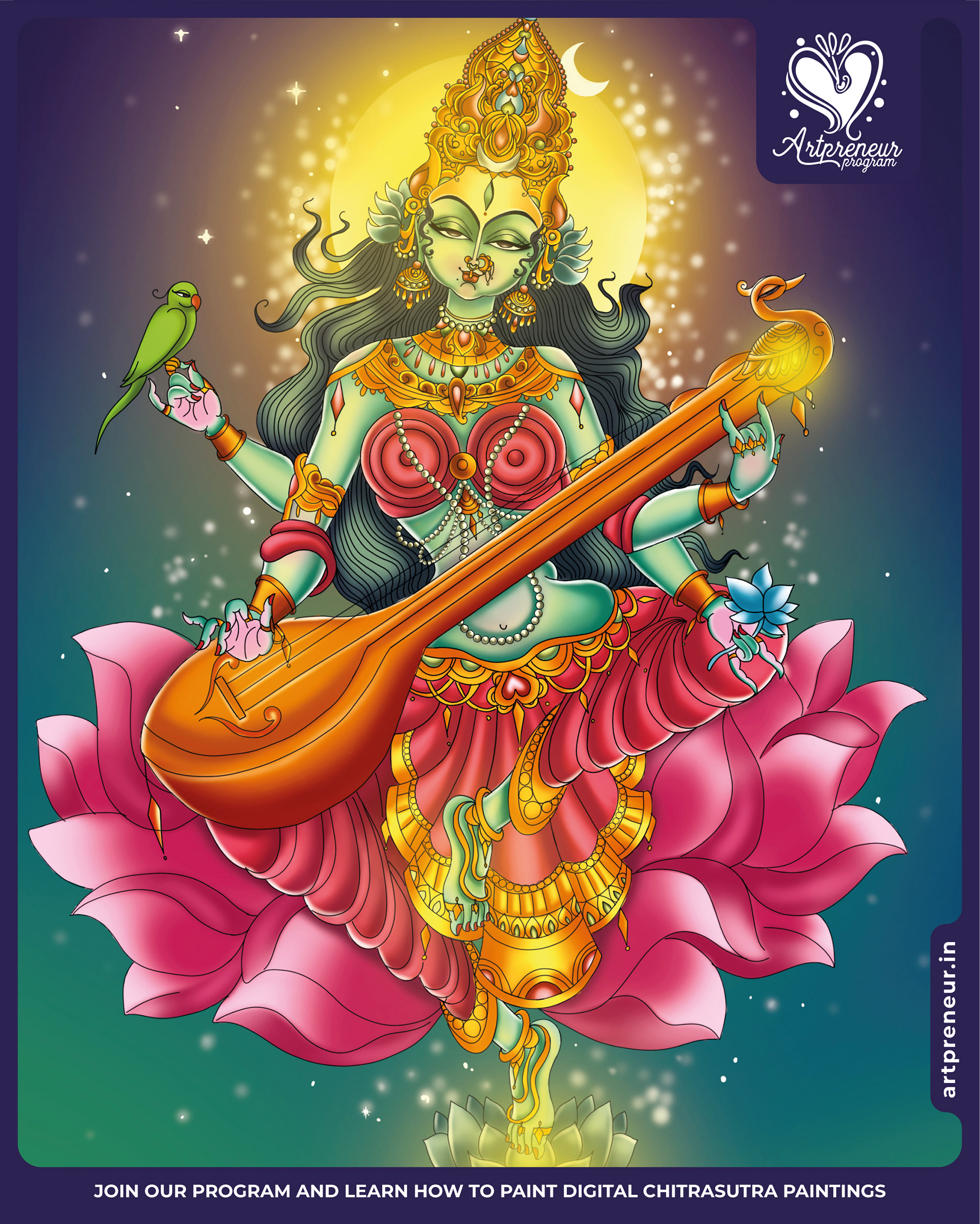 13 divine Chitrasutra illustrations collective 2021-22: #1 Goddess Matangi with veena and parrot on a lotus, digital painting, Atma Studios portfolio