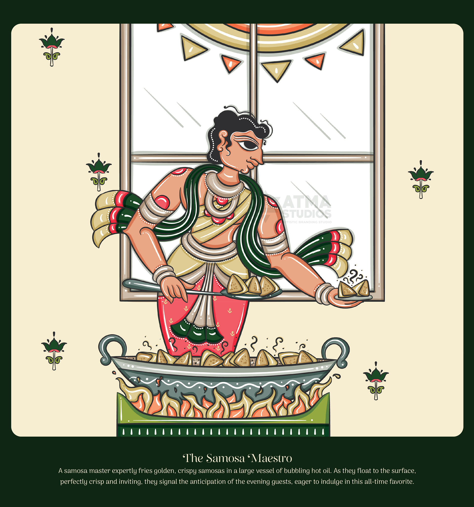 India Spice House restaurant wall art in Cheriyal scroll style, USA: cook frying in a large kadai