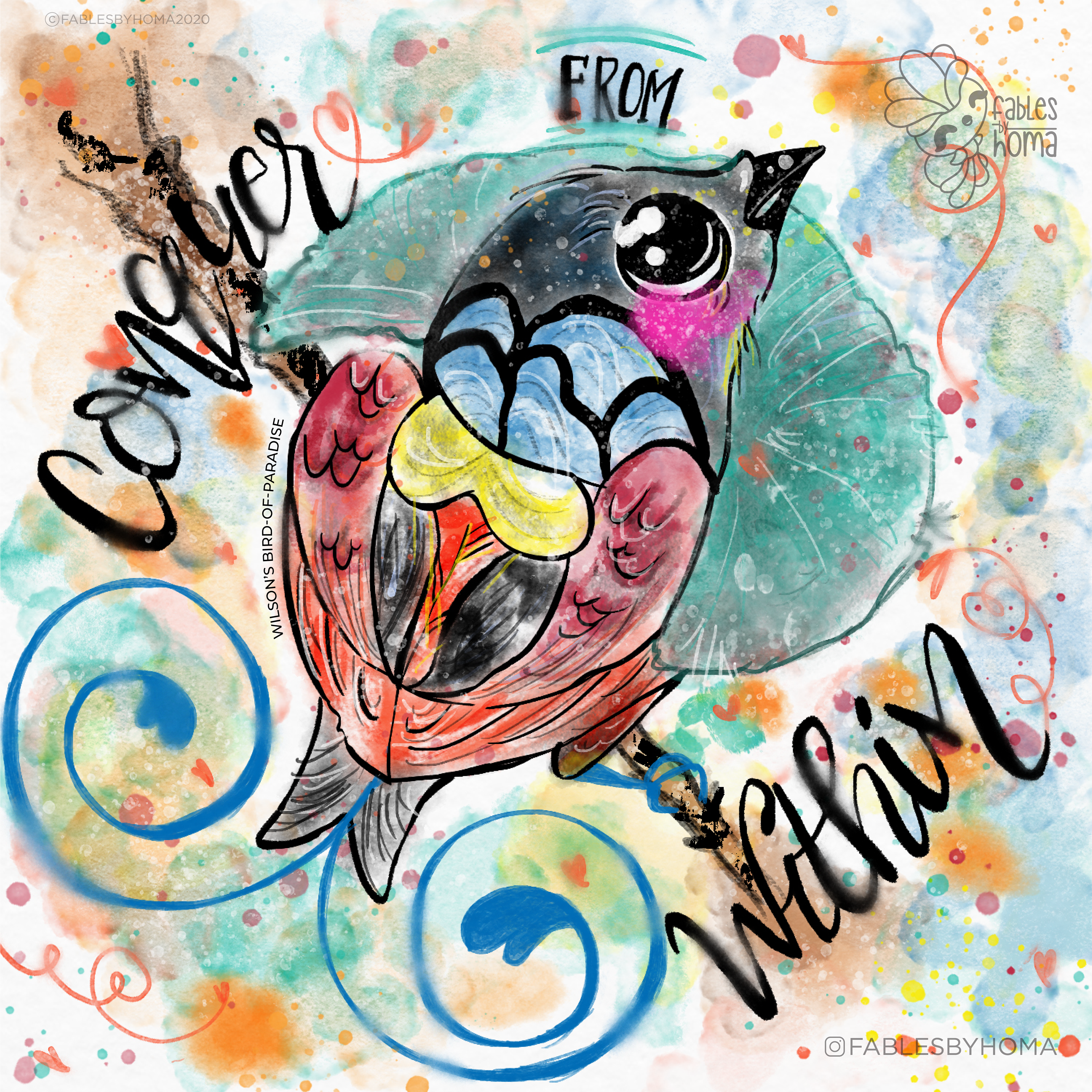 Birds of paradise watercolour illustrations: #4 "Conquer from within" bird