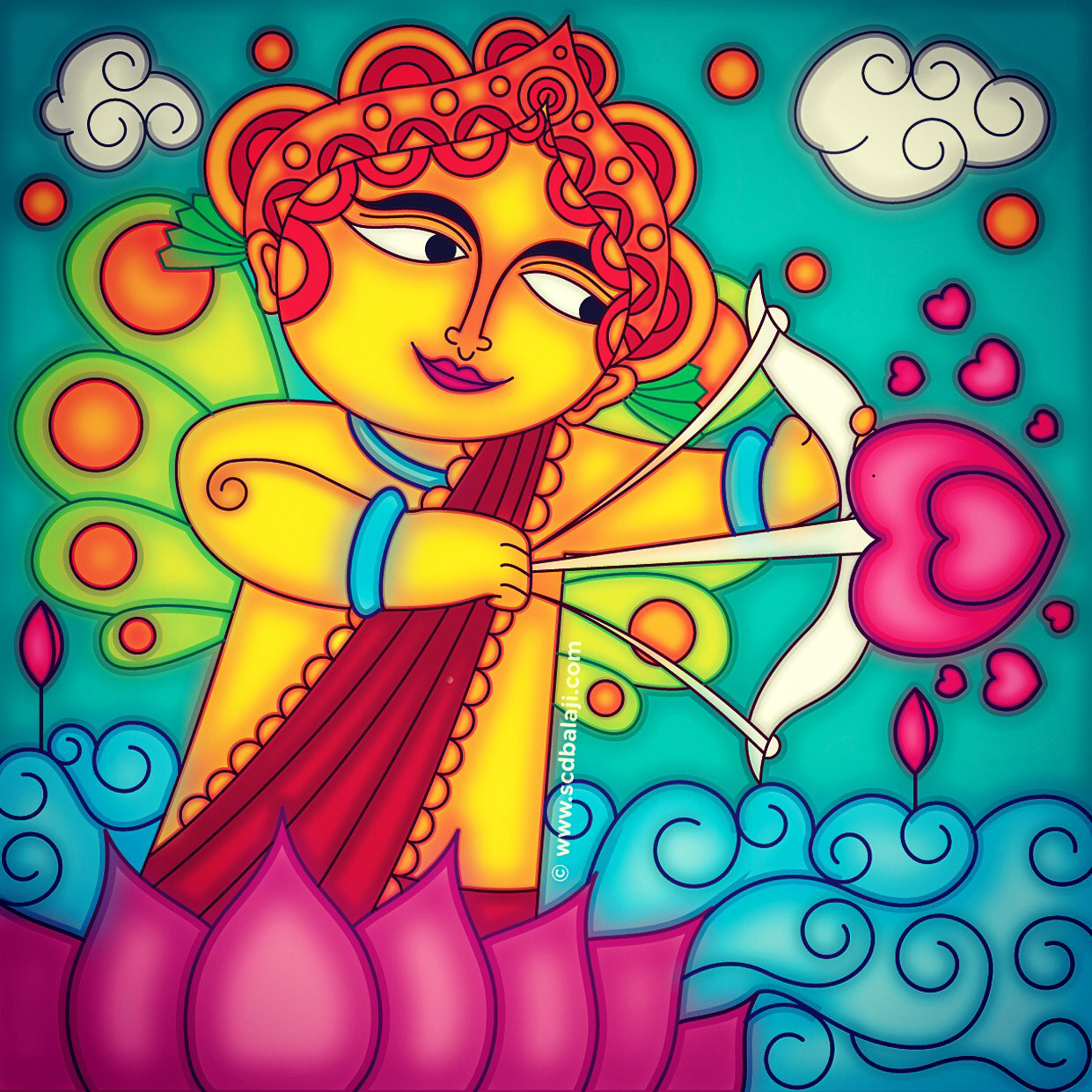 50 contemporary Indian folk art illustrations: #4 Cupid-like figure aiming an arrow on a lotus