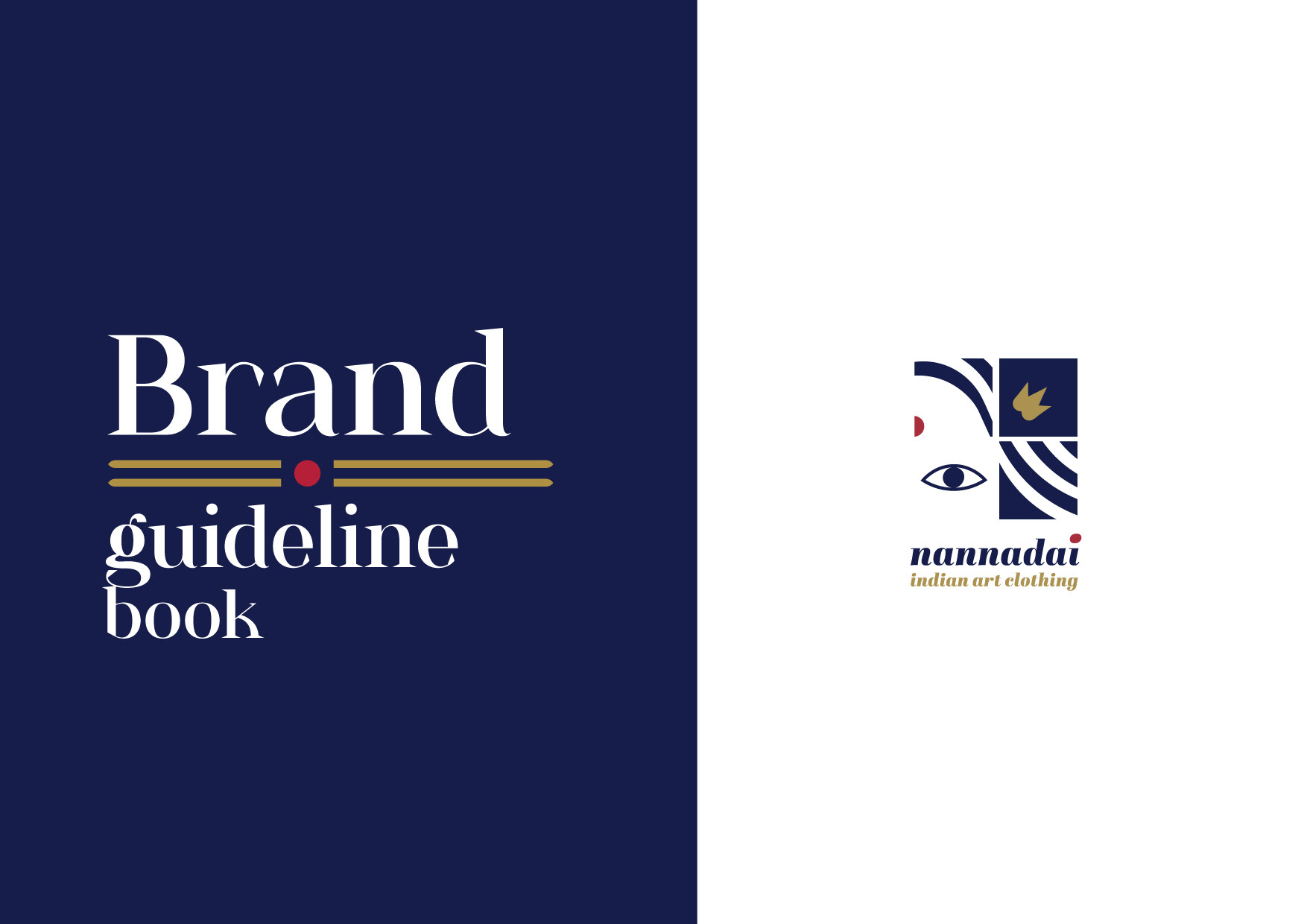Nannadai Indian art clothing brand guideline book: cover with the Nannadai logo, branding by Atma Studios