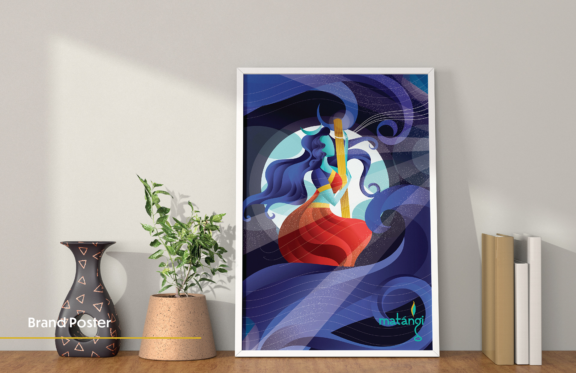 Matangi spiritual brand: framed brand poster on a shelf with vases