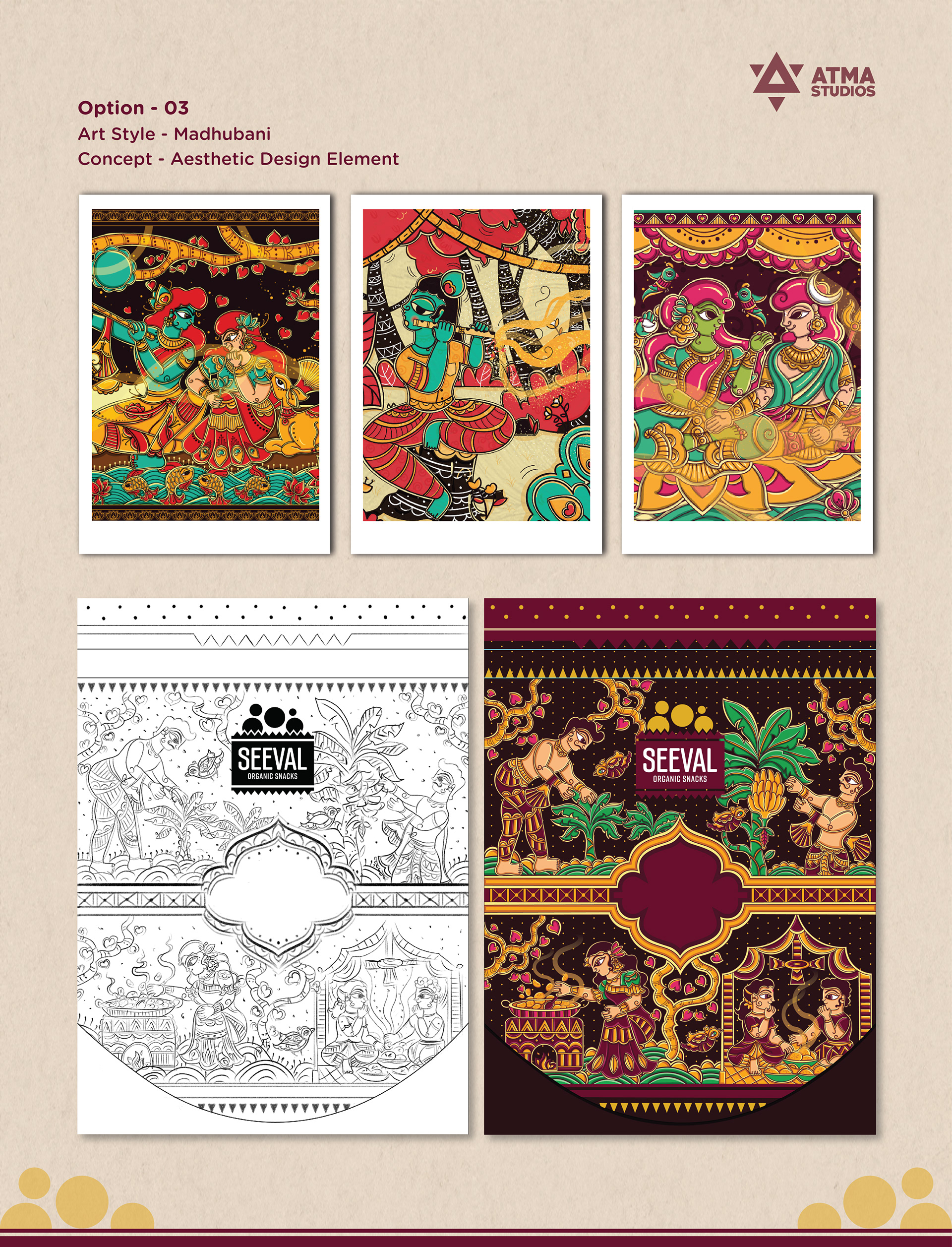 Seeval organic snacks brand: package design option 3 with folk art references, sketch and coloured artwork