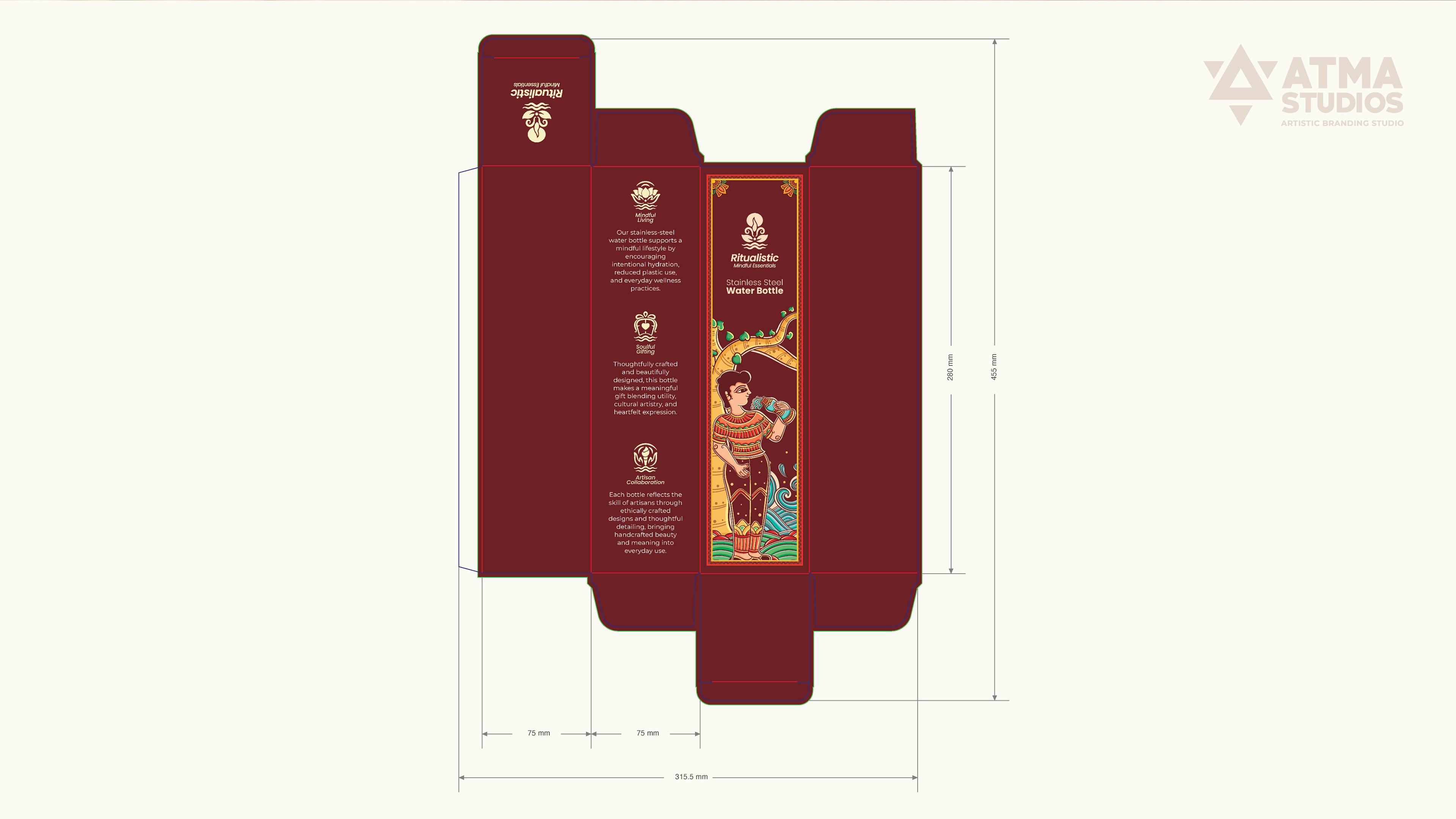 Ritualistic mindful essentials brand: water bottle box packaging die-line