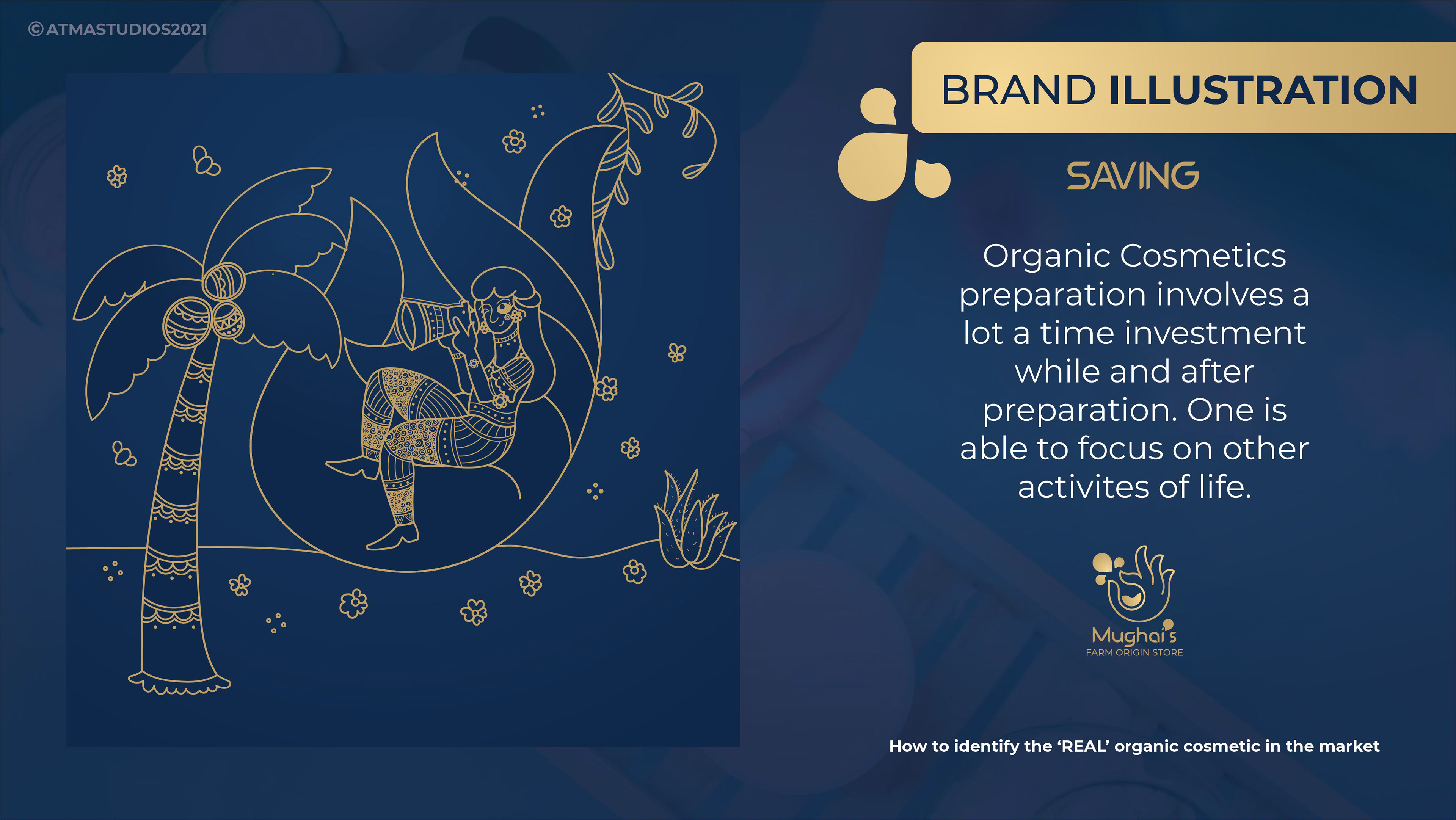 Mughai's Farm Origin Store rebranding: brand illustration for saving, with a palm tree and figure