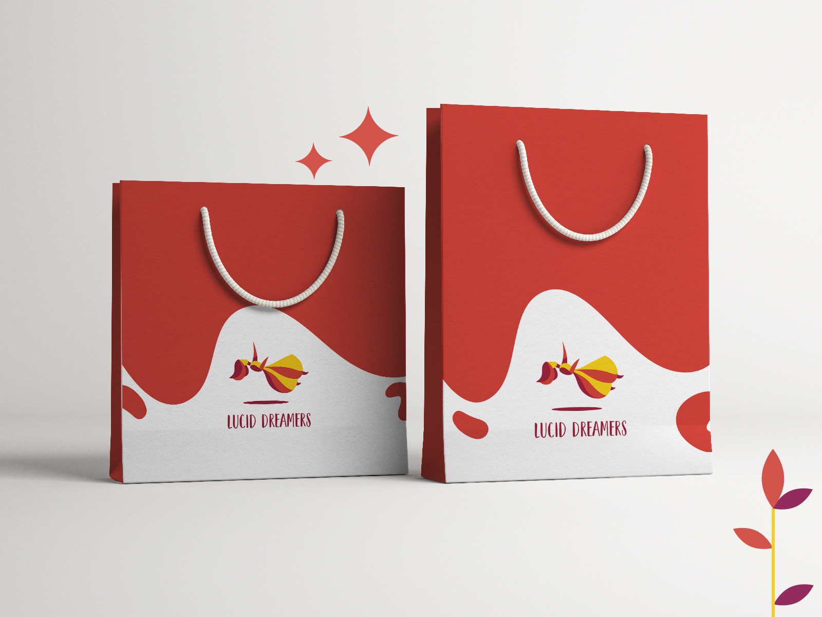 Lucid Dreamers art supplies store brand: shopping bag designs in red and white