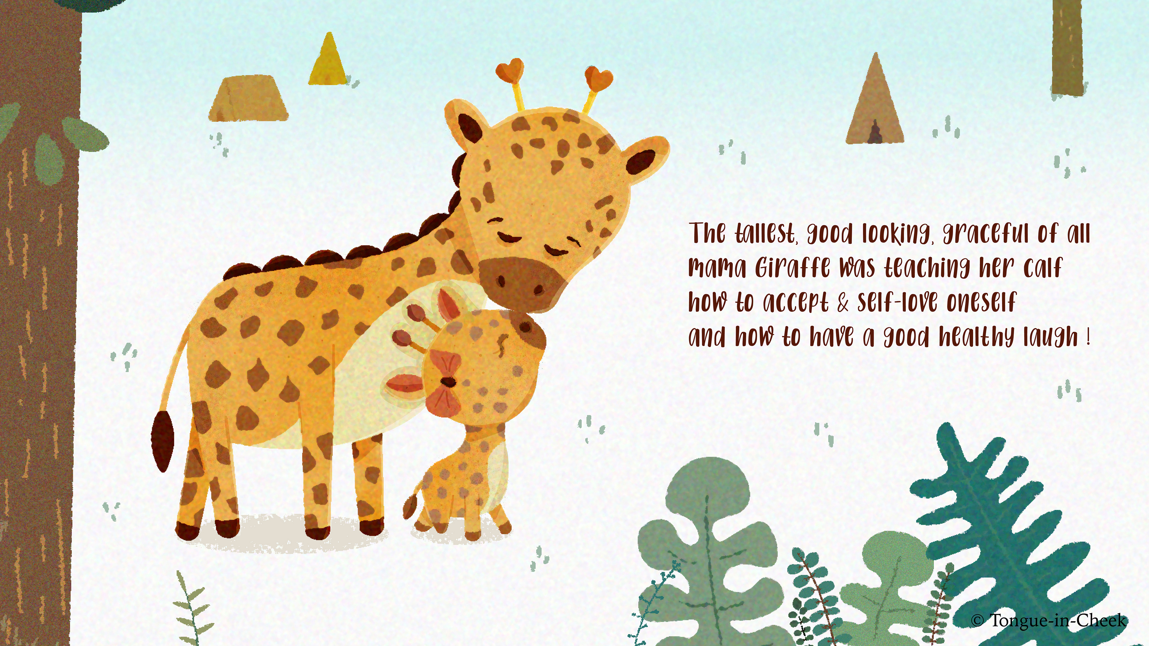 Learnings from Animal Moms vector poem children's book: poem page with a giraffe mother and calf