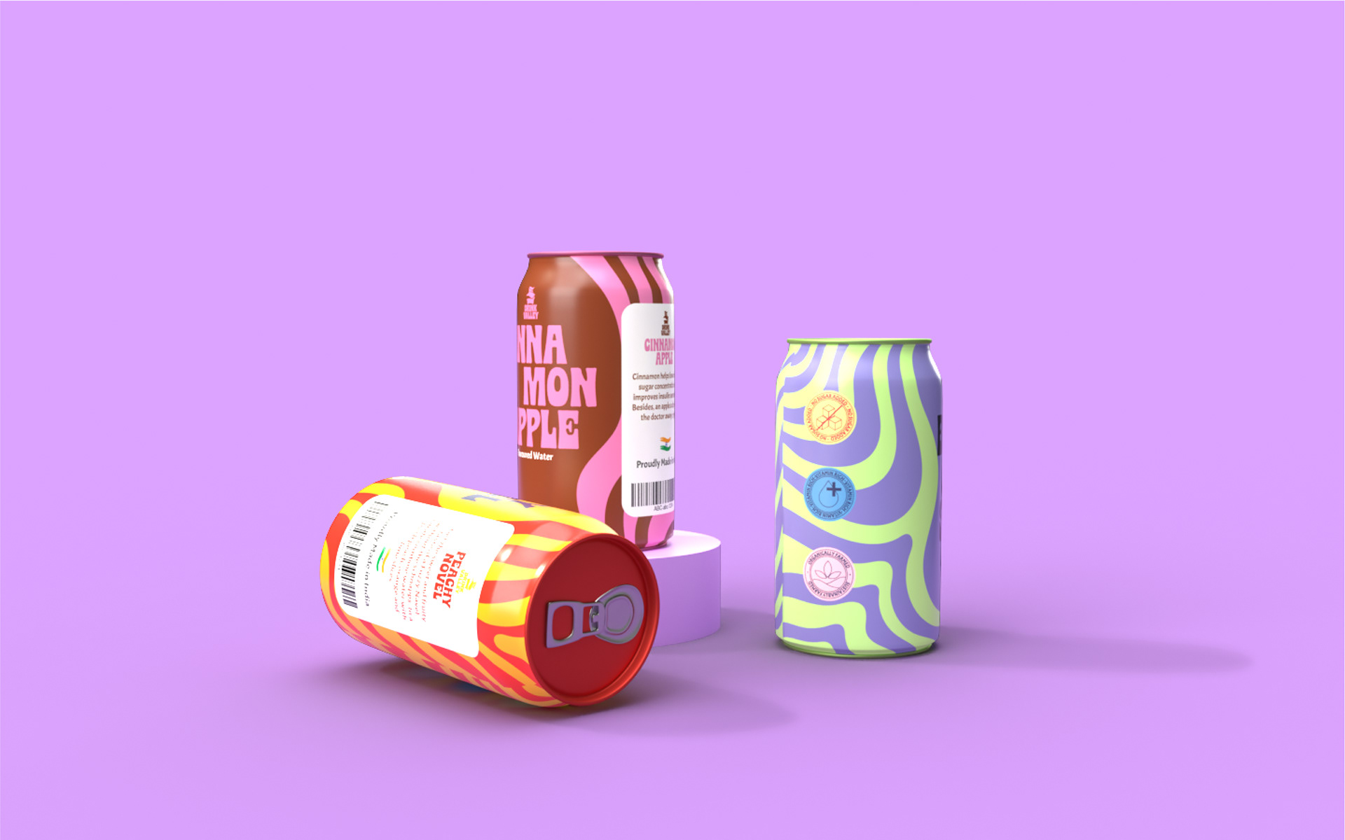 Drink Valley flavoured soda can branding and packaging: three cans lying and standing on lilac