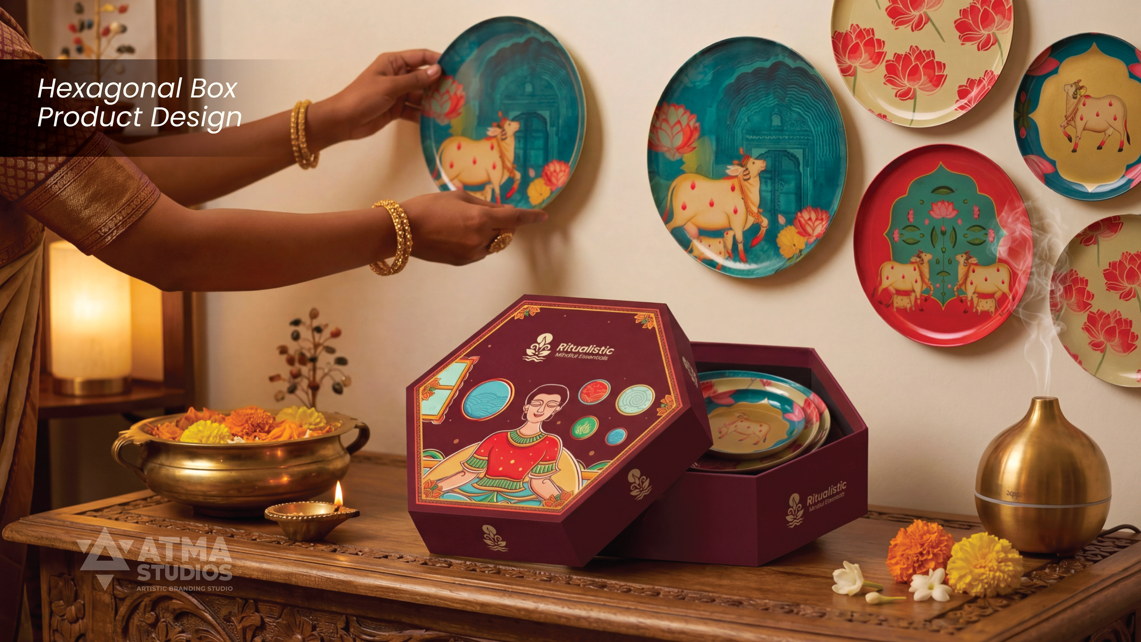 Ritualistic mindful essentials brand: Navagraha box product design with painted plates on a wall