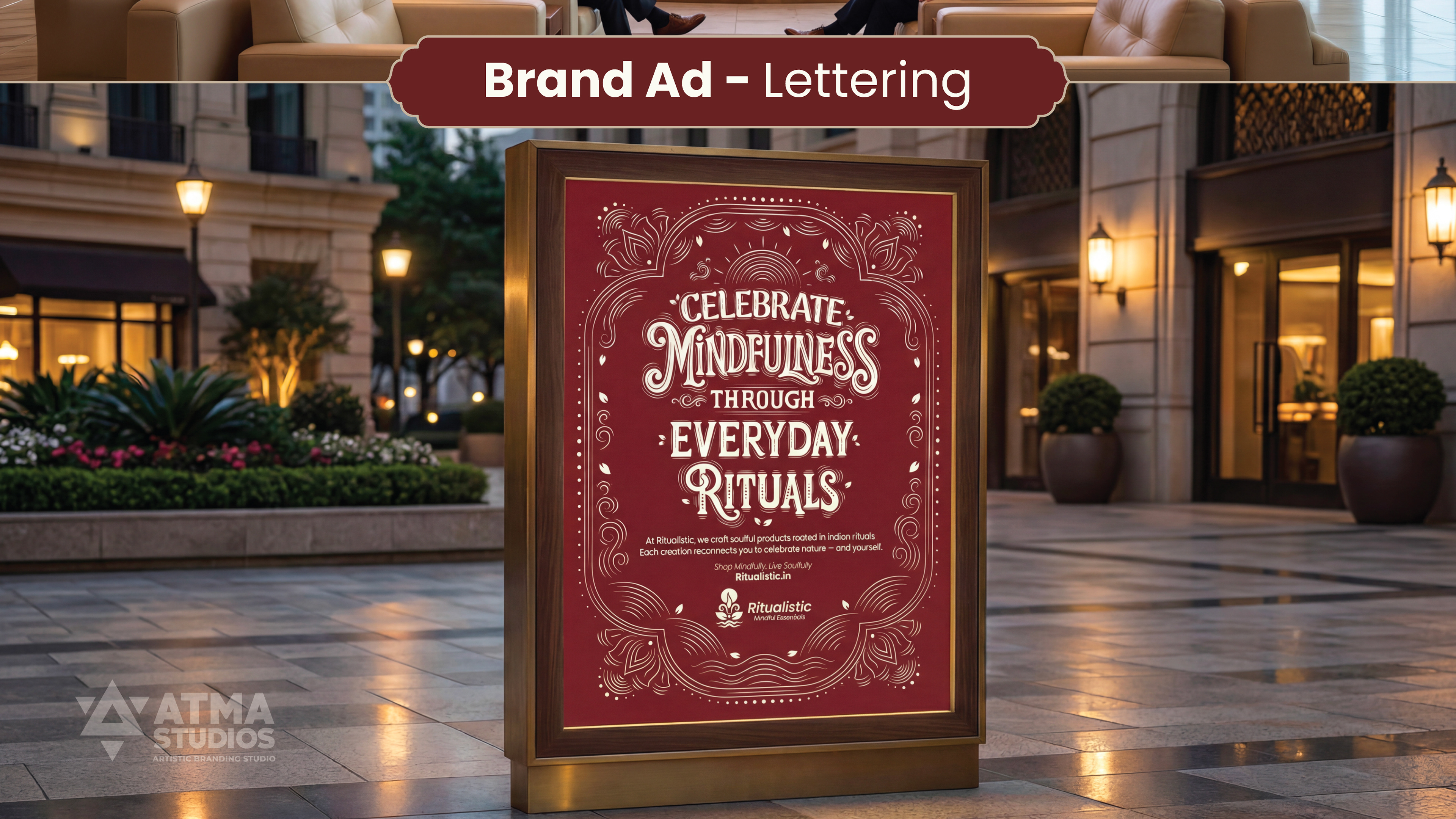 Ritualistic mindful essentials brand: brand advertisement with lettering on an outdoor standee