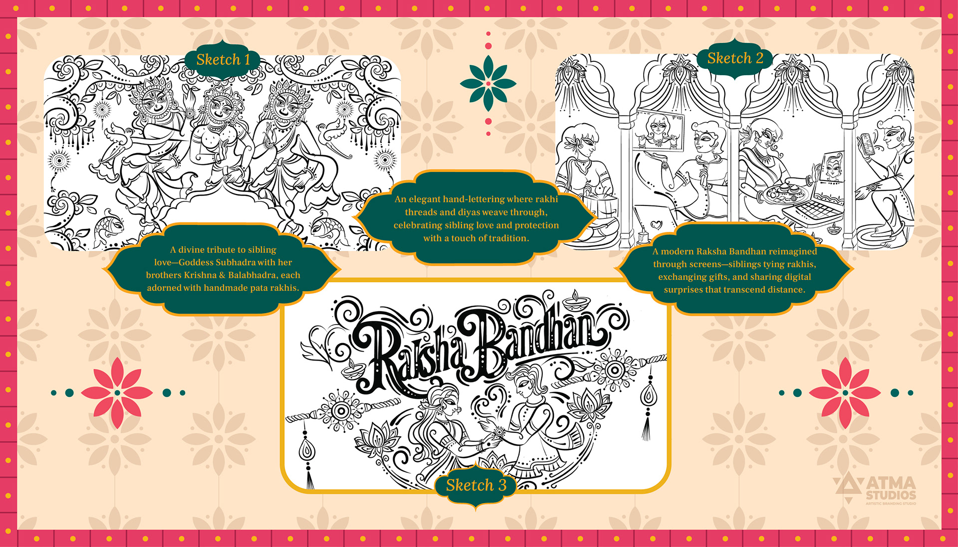 Phool Raksha Bandhan gift box packaging: pencil sketches and Raksha Bandhan lettering concepts