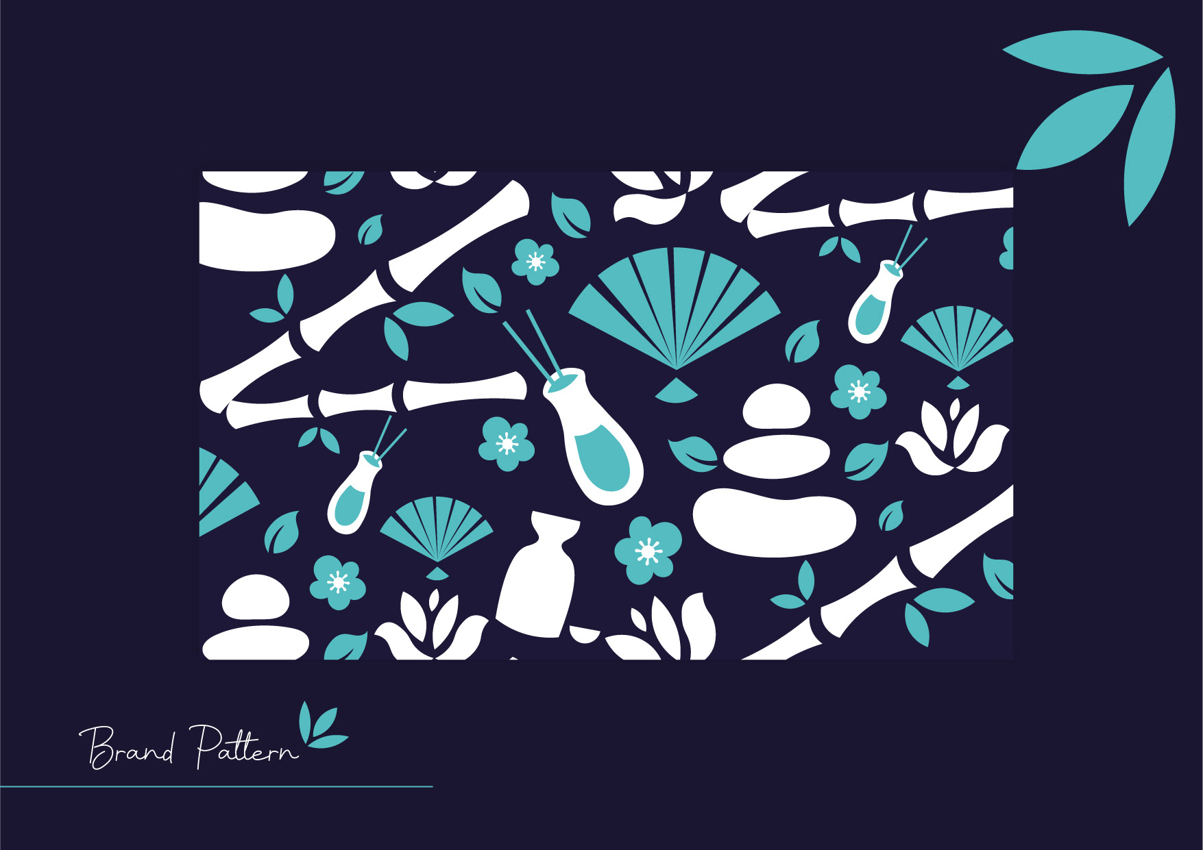 The Dosha Theory Ayurvedic skincare brand: brand pattern of bamboo, fans, bottles and stones