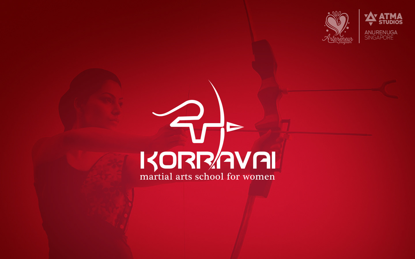 Korravai martial arts school for women brand identity: white bow and arrow logo over a woman archer on red, brand identity by Atma Studios