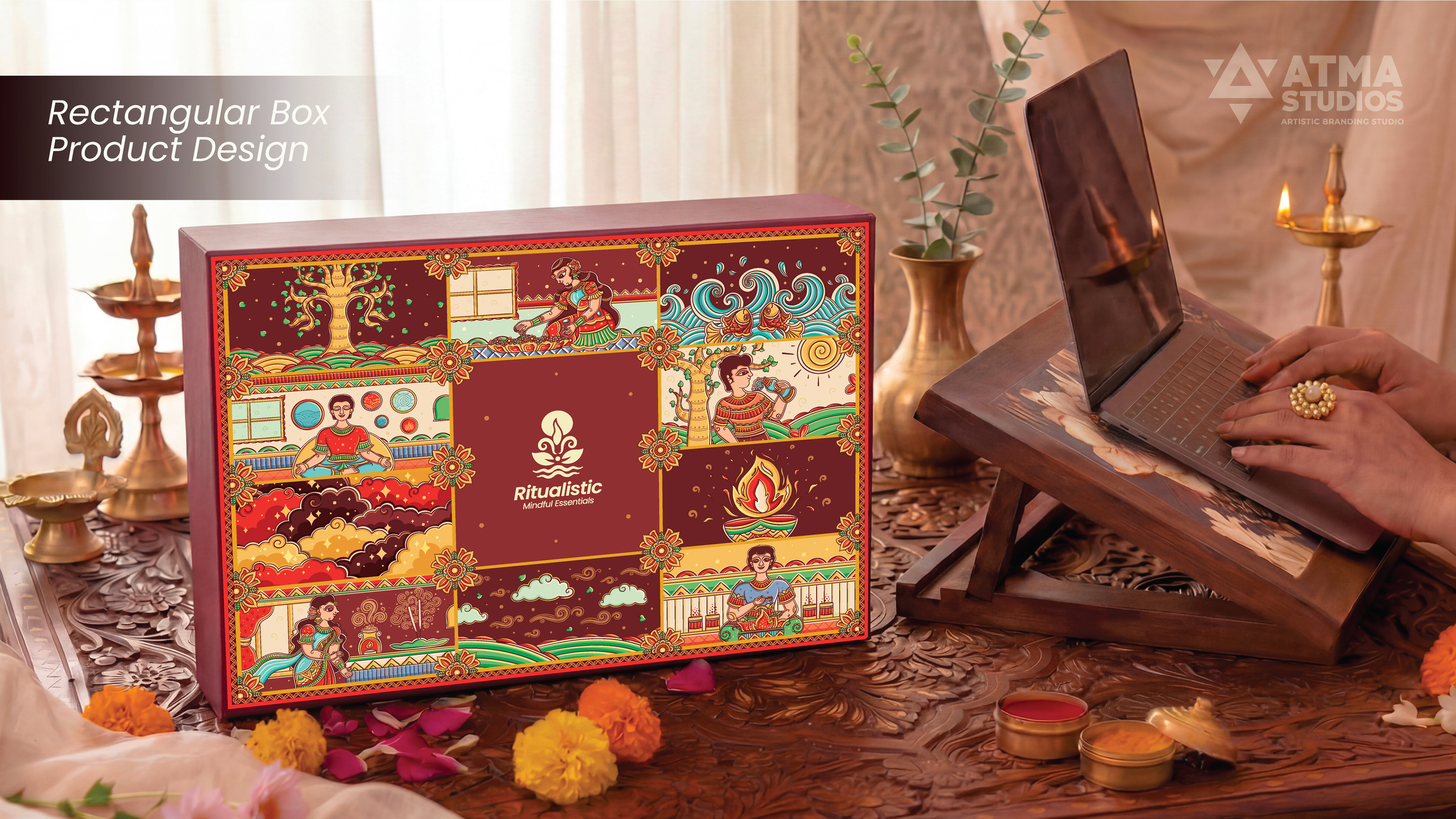 Ritualistic mindful essentials brand: rectangle box product packaging mockup