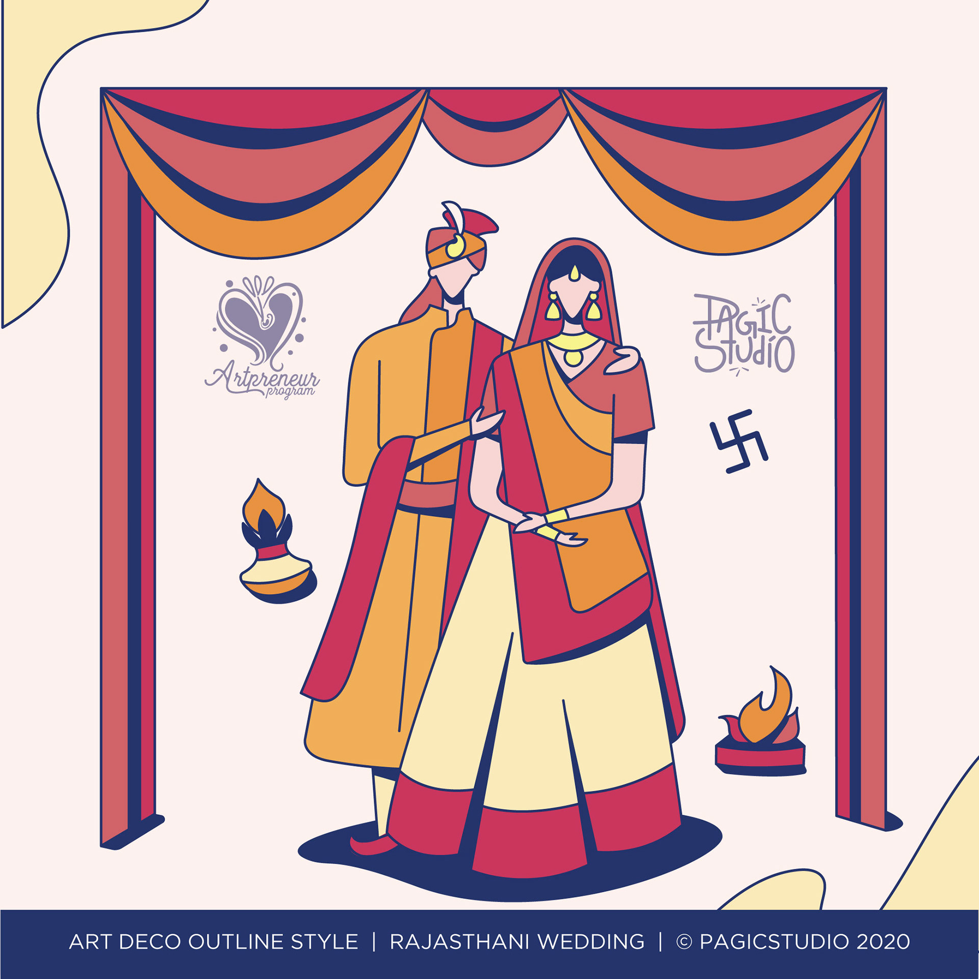 12 styles of Indian wedding couple in Art Deco outline: #9 Rajasthani wedding couple