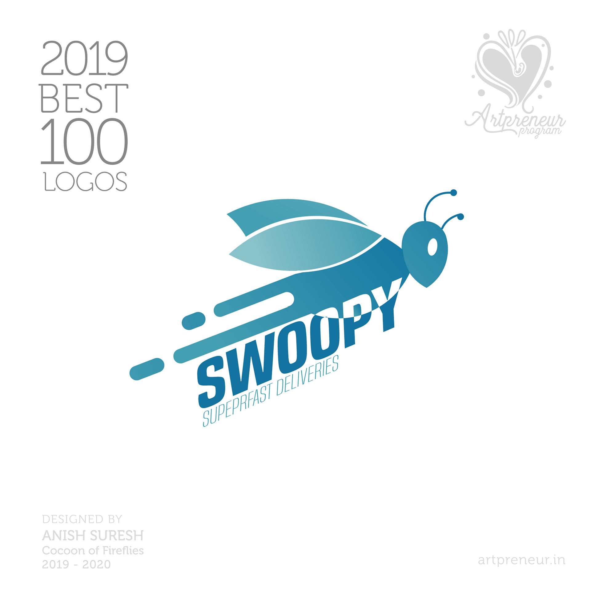 100 best logos of Atma Studios 2019: Swoopy logo with a flying insect