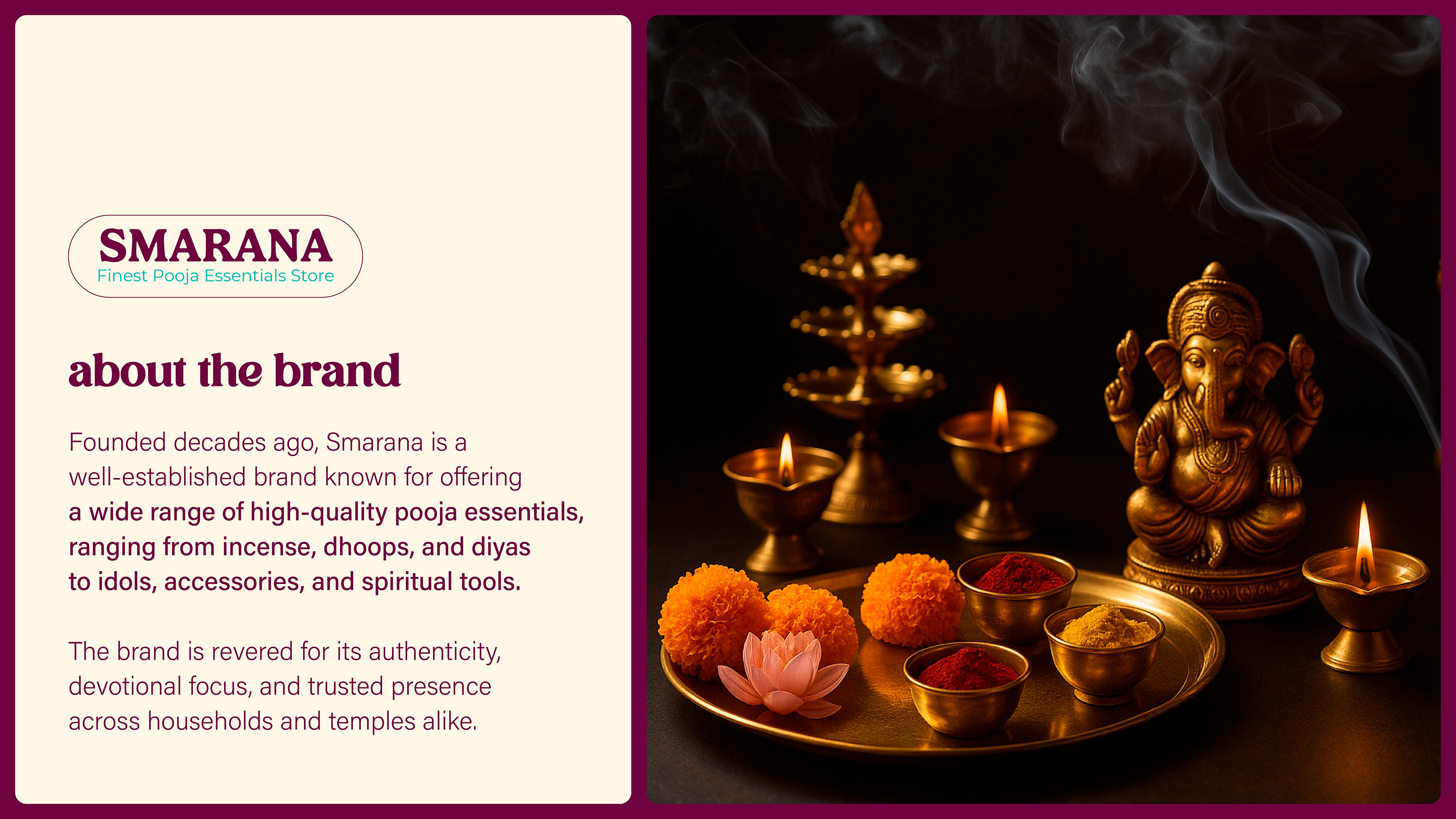 Smarana Lord Rama series incense packaging: about the brand slide with brass lamps and a Ganesha idol