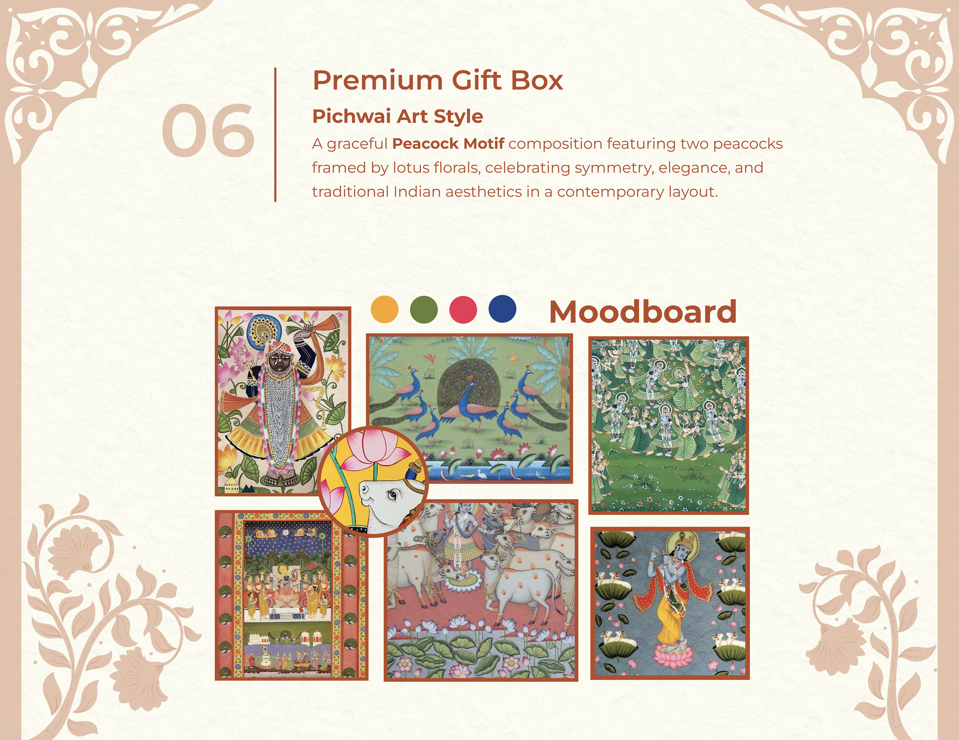 Homerah premium lifestyle candle and incense package design: premium gift box 06 in Pichwai art style, moodboard