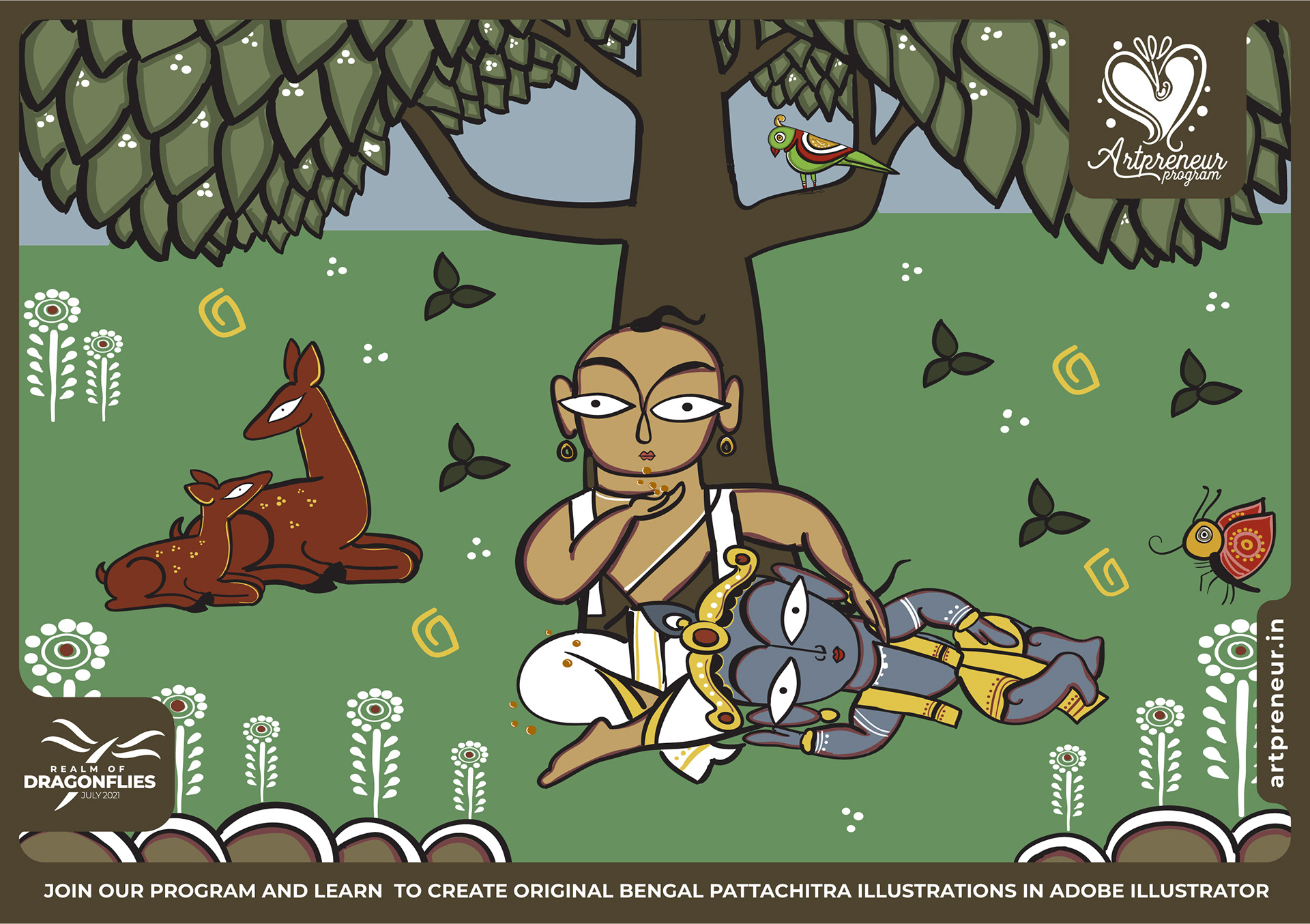 50 Bengal Pattachitra Indian folk illustrations: #4 Sage meditating under a tree with a deer
