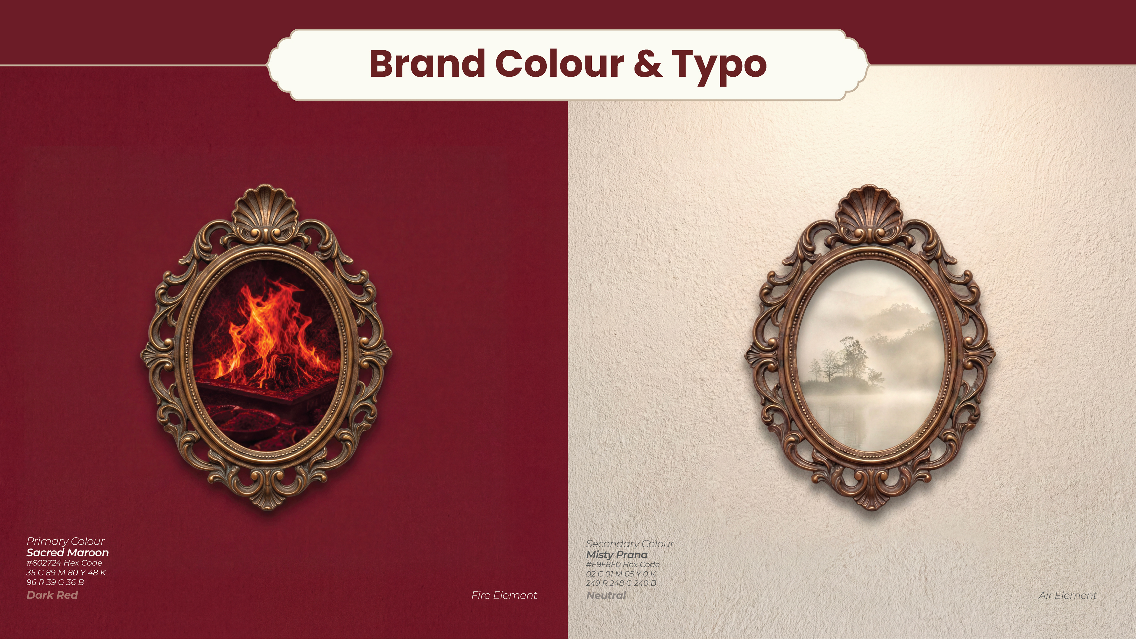 Ritualistic mindful essentials brand: brand colour and typography sheet with ornate oval frames