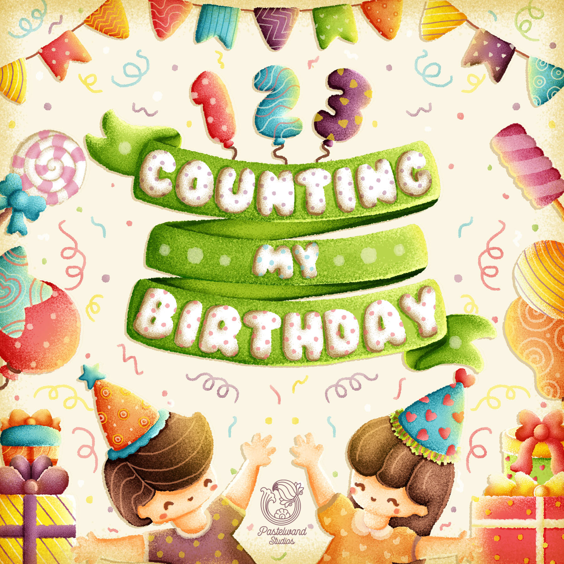 Counting My Birthday children's counting book: cover with two children in party hats, balloons and gifts, illustration by Atma Studios