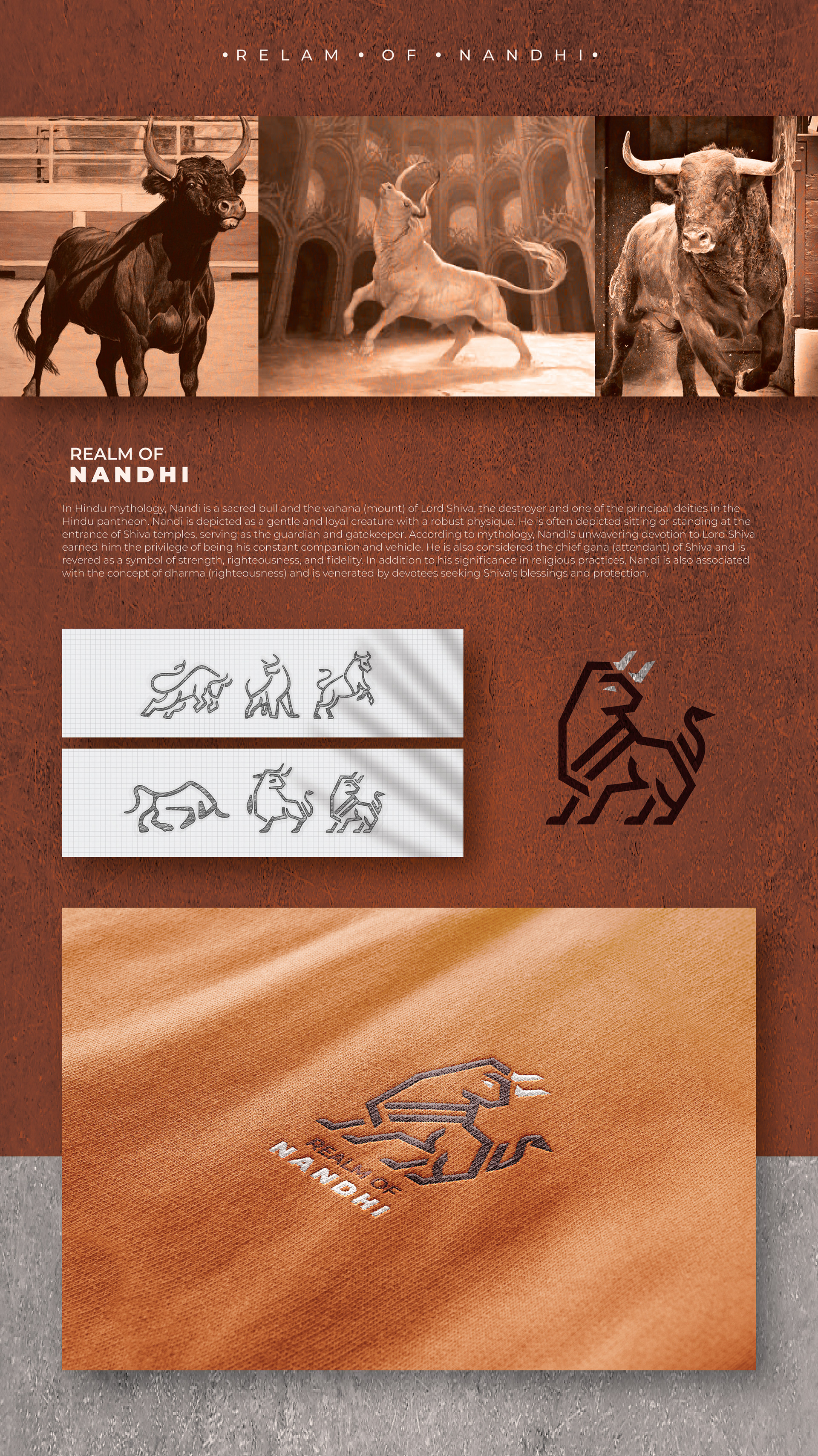 Artpreneur program sub-brand logo set inspired by Indian mythical creatures: realm of Nandhi: bull references, sketches and the final line logo on fabric
