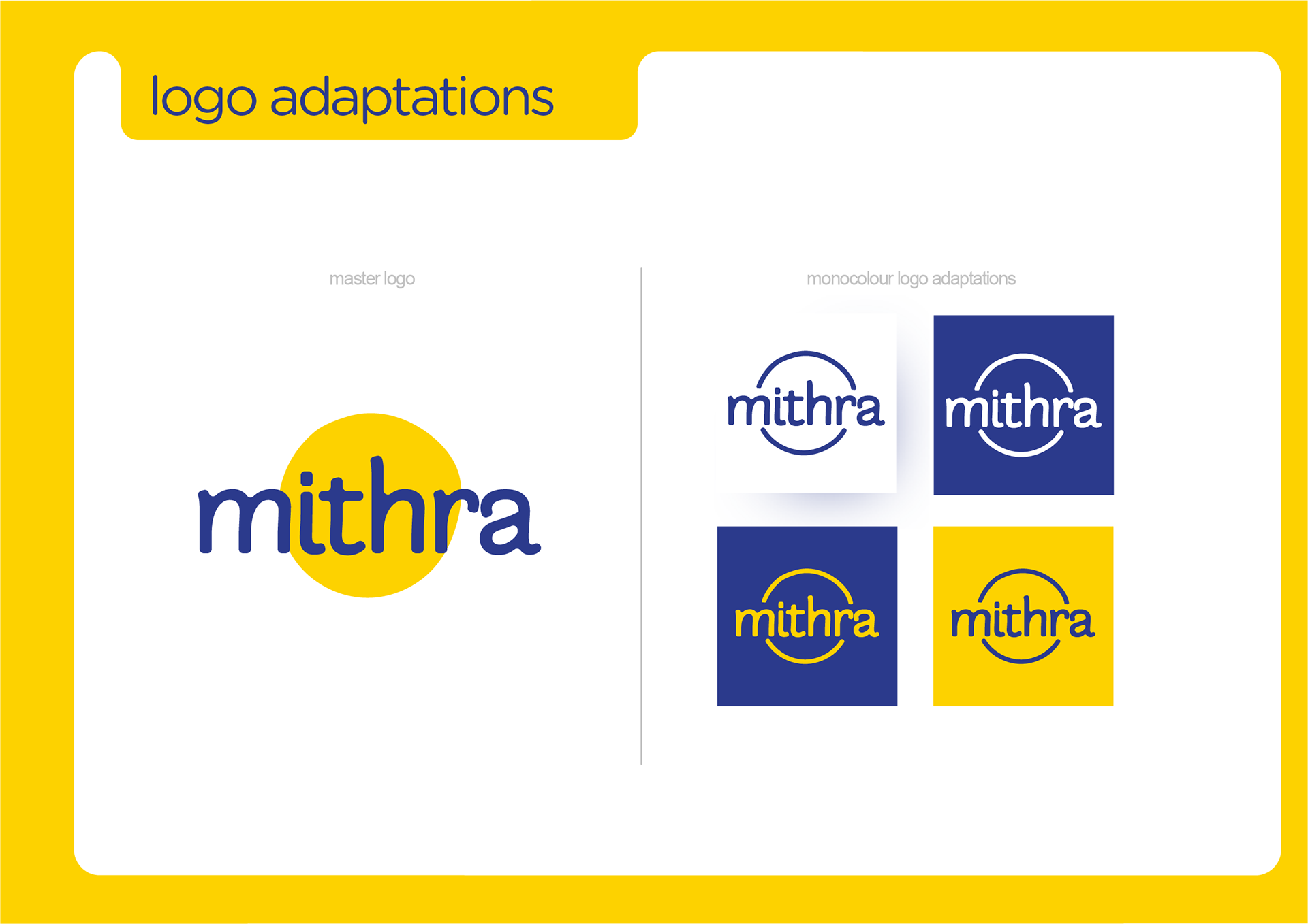 Mithra donation platform brand guidelines: logo adaptations on white, blue and yellow