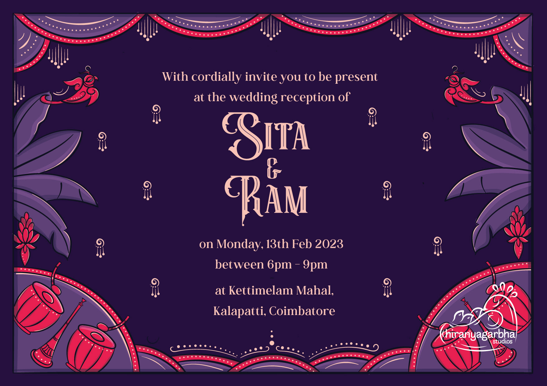 Sita Kalyana Vaibogame Brahmin wedding invitation: invitation back with the wedding details of Sita and Ram