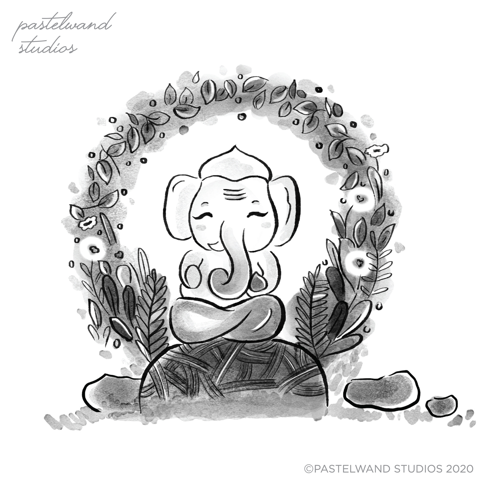 Indian kawaii god series by Pastelwand Studios: #1 Baby Ganesha, monochrome kawaii illustration, Atma Studios portfolio