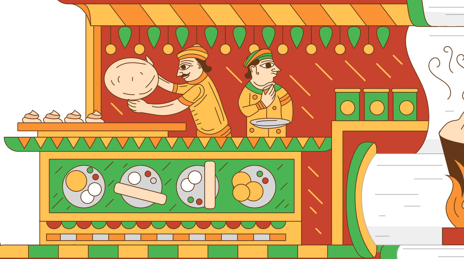 Cheriyal scroll Indian folk art food illustrations: scroll panel 7: a dosa counter with a cook and helper