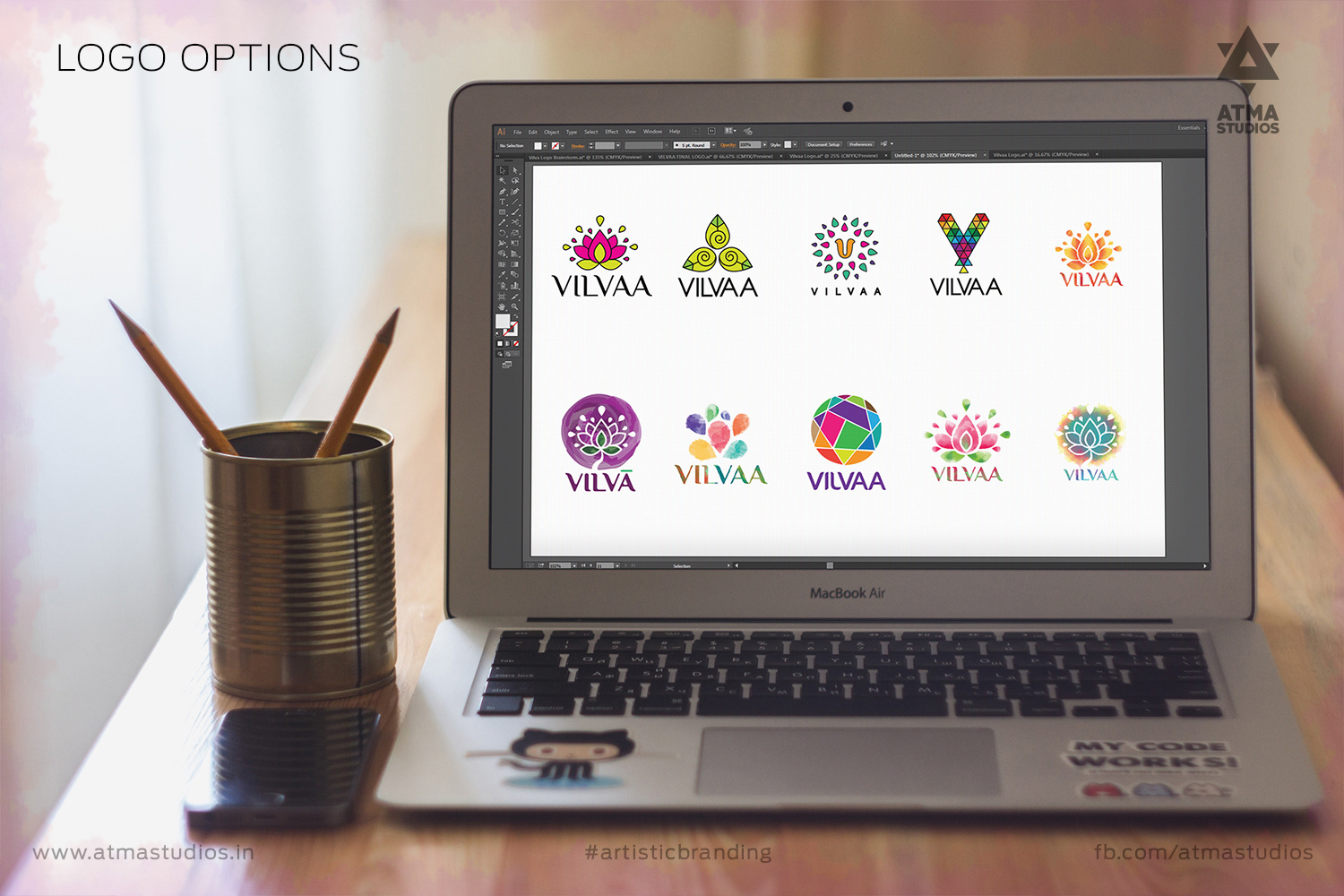 Vilvaa online garland store brand: logo options shown on a laptop