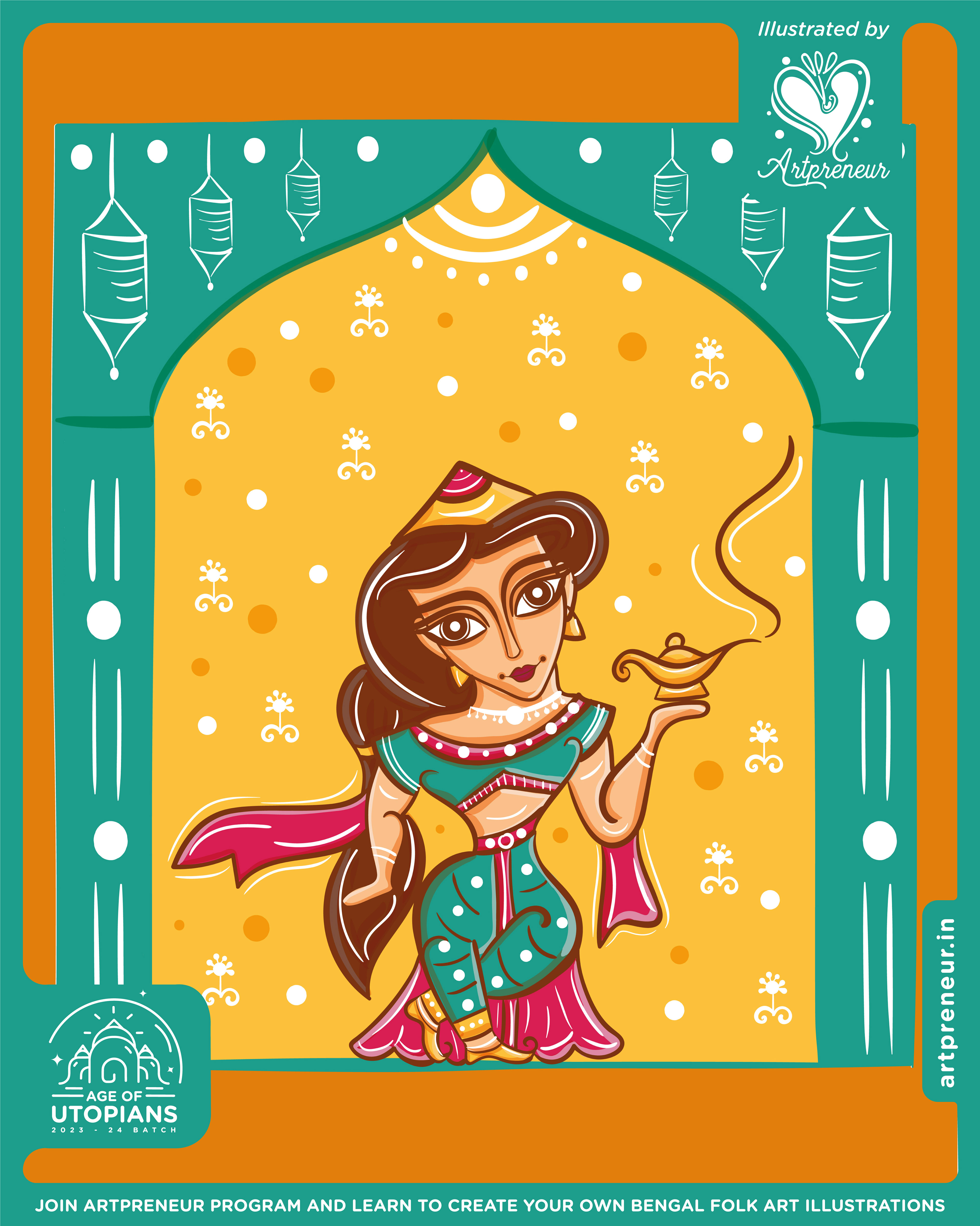 50 contemplated Bengal folk art illustrations: #34 Princess with a lamp