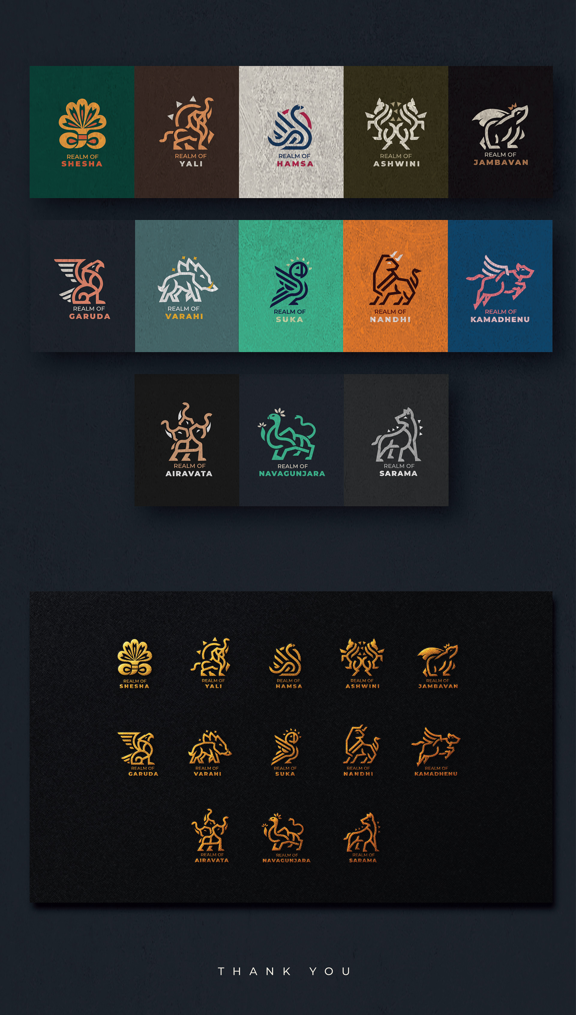 Artpreneur program sub-brand logo set inspired by Indian mythical creatures: complete set of fourteen creature logos with thank you note