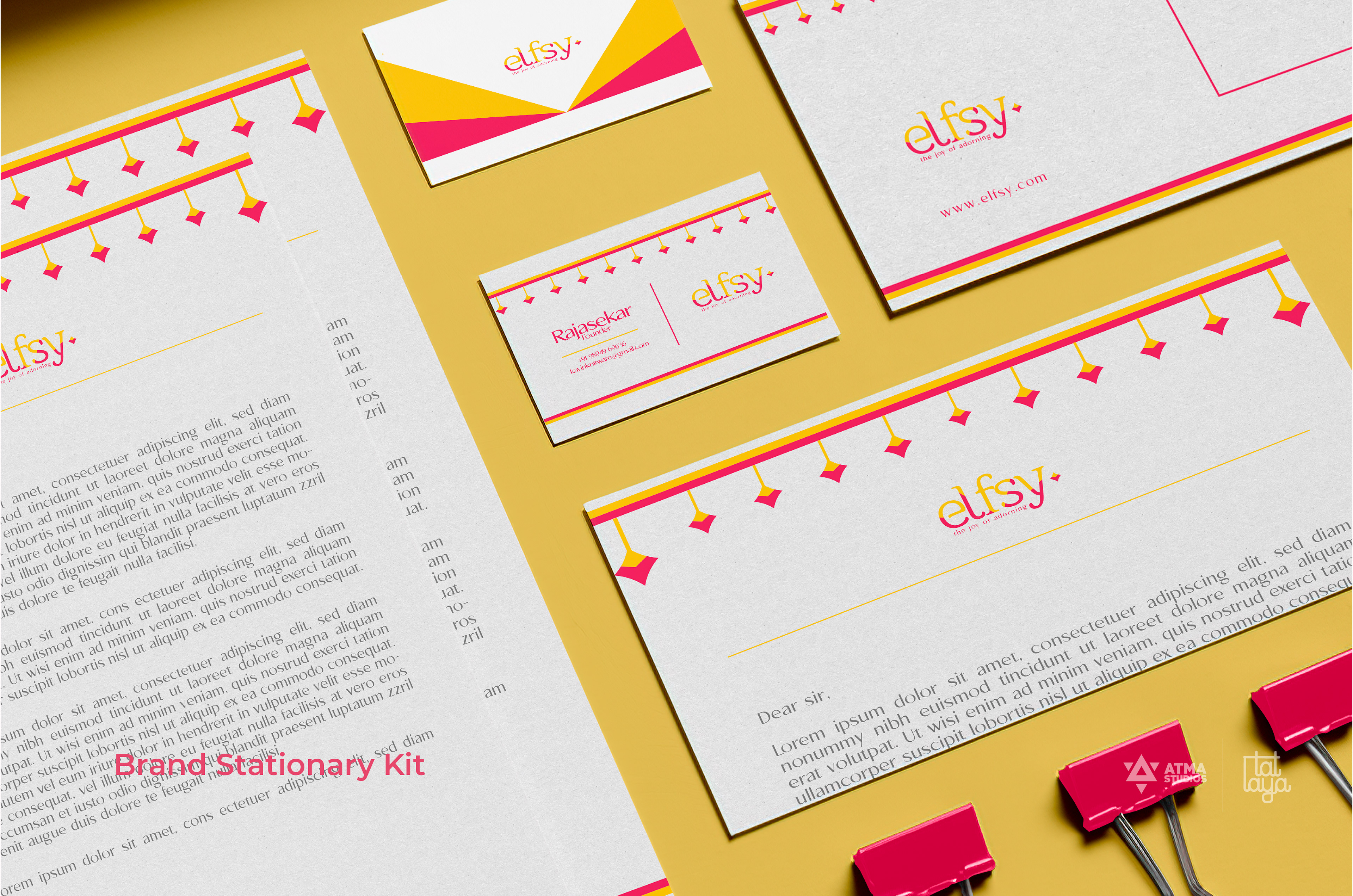 Elfsy girls clothing brand: brand stationery set on a yellow background