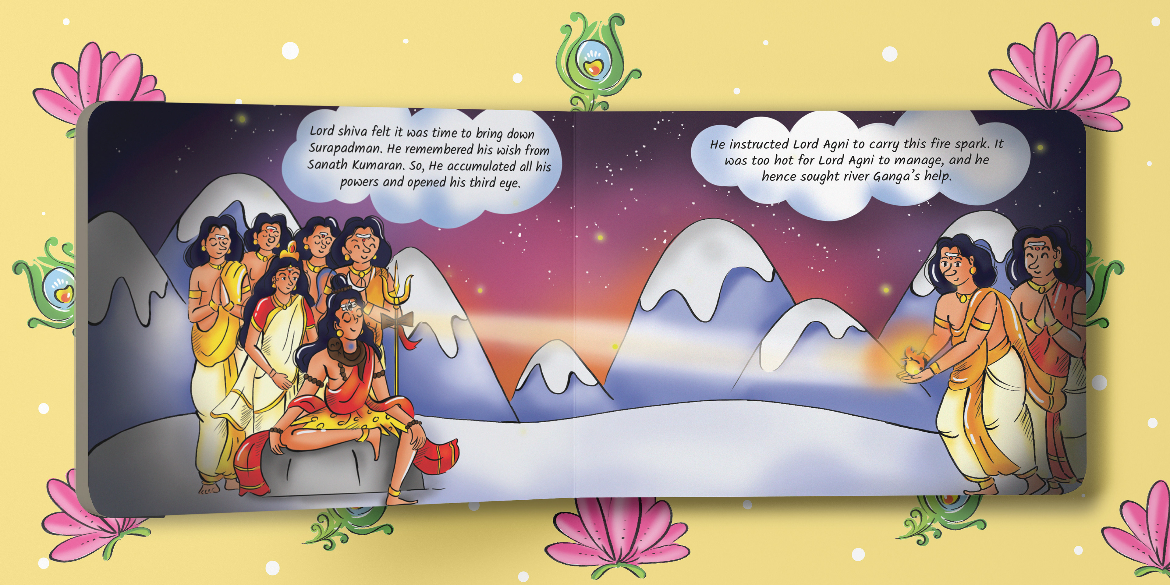 Kandha children's mythological story book on Lord Murugan: spread of celestial beings in the snowy Himalayas